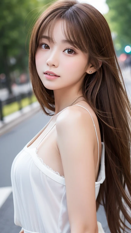 (Tabletop: 1.3), (Maximum resolution: 1.2),, (Fine grain and skin), (Detailed facial features), Hmph, Sharp focus: 1.2, Perfect Style, Beautiful Face, Perfect body、Highly detailed face and skin texture, Fine grain, Dark blue eyes, : 1.2, Natural Cheeks, Glowing Skin, Fair skin: 1.2, Shiny little necklace and earrings, (Glossy Lips: 1.She is a very cute 20-year-old woman、Campaign Girl Costume), (Captivating smile: 1.2), (length, Straight Hair, Bans), (Light Brown Hair:1.2), Medium Chest,、Soft 、Big Tits(Full Body Shot) Leaning forward to emphasize the chest pose、Shyness、Kamimei、flare skirt、Off-the-shoulder shirt、look back、Shooting from below