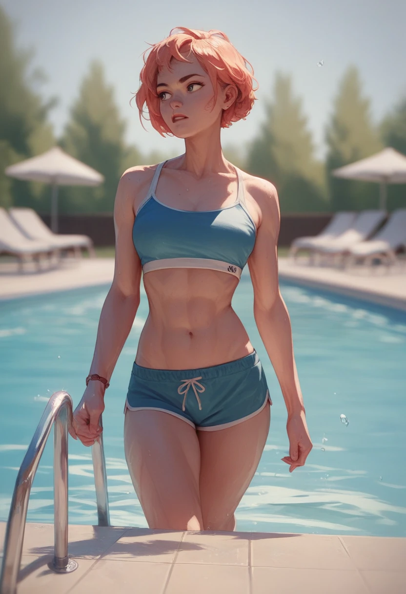 Anna d'Arendelle, redhead, green eyes, freckels, wet sport outfits, wet athletic sportswear, full body, perfect body, medium breasts: 1.3, showers in locker room, benches, smile, young woman, 20yo, skinny, slim, thigh gap, realistic, UHD, 8K, sweat:0.9, wet hairs: 1.1, athletic body:1.2, blue eyes