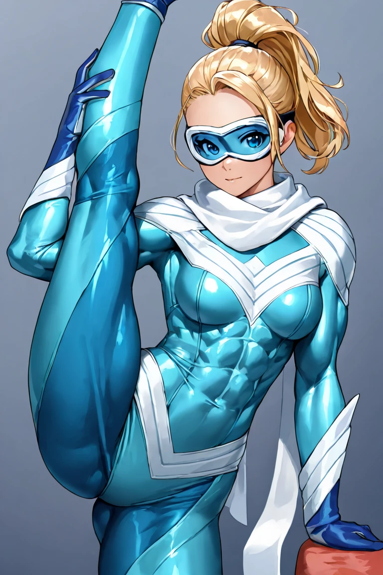 (Female Alexis Texas chest covered wearing Emma Frost outfit) (smile) blonde hair and blue eyes, clothing white and silver with cloaks of deep blue or purple, cleavage knockers ((very precise detailed)) ((high res) Golden bracers (plain background) (perfect body and face) hands on hips