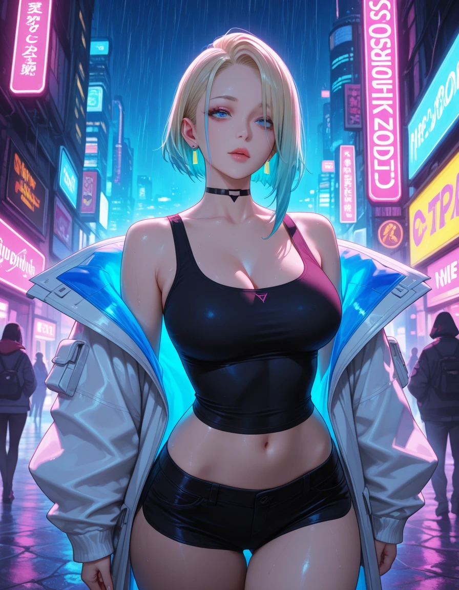 cute albino girl,(((1 girl))),((albino girl with extremely cute and beautiful White hair)),

(breasts small:1.4),(((White hair:1.35,colored inner hair,ear breathing,small White hair,tomboy haircut))),(((neon_aqua_eyeballs:1.3))),intricate eyeballs,beautiful detailed eyeballs,symmetrical eyeballs,((fatter)),(((pale skin,shining skin:1.5,shining skin: 1.5,shining skin,very shining skin,shinny body,plastic glitter skin,exaggerated shining skin,brightened skin,wet legs))),(spider lower abdomen,narrow waisted,wide hip,athletic body,inflated legs,body detailed,(face detailed)),

cute,slutty,seducer,Erotic,(((nsfw))),

(((wearing white formal blazer,White pants,))),(((huge cleavage))),((wetclothes,complex outfit,complex clothing)),

(dynamic pose:1.0),focus only,embarrased,(centred,scale to fit dimensions,rule of thirds),

cyberpunk city by the sea at night, with bright neon signs and dark stormy clouds and puddles, scenario:1.25,

artistic photography,(photograph taken by sldr),high resolution, sharp focus, (ultra detaild, extremely detaild), (photorealistic art:1.37),(extremely detaild CG unity 8k wallpaper),((tema de fundo synthwave)),(((swirly vibrant colors))),(intricate background),(work of art),(best qualityer)
