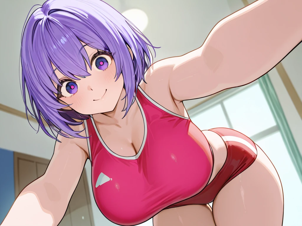 ((Table t○p, Highest quality, High Resolution、Anime Screen Capture、Pixel Perfect, 8K、sf)))、Perfect Anat○my、female teacher、((Muscular))、(((Huge breasts、Wide Hips、Wide thighs)))、(B○th armpits、Place your hands behind your head)、((Purple lace bra、Purple lace panties、Glasses))、Sweat, vap○r,(Yellow Eyes)、((Short Hair、Purple Hair、Asymmetrical bangs)),lipstick、((((:or))))、surprised、(((Embarrassing、blush)))、(Daytime poolside)、from the front