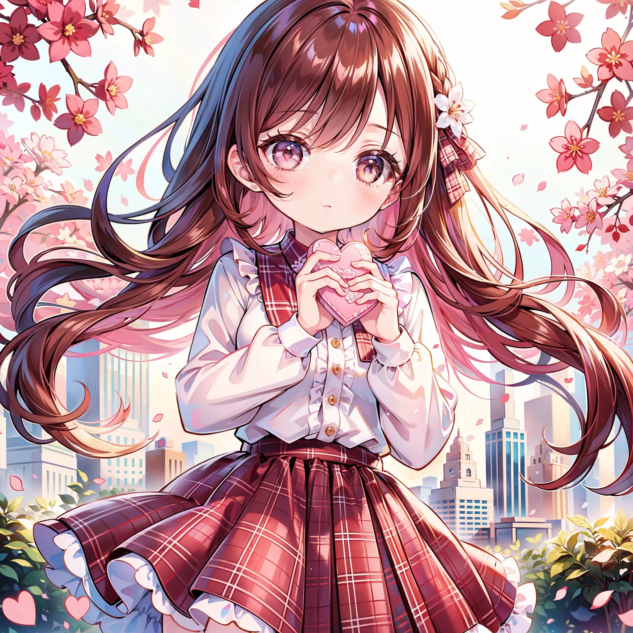 1girl , top quality、 greatest masterpiece in history、 pink and brown plaid dress、St. Valentine's Day