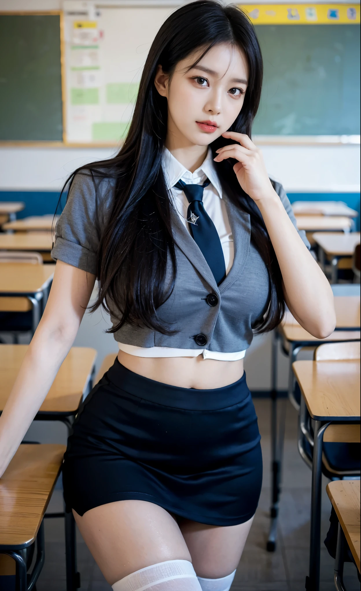 A tall mature girl,Skinny figure,skimpy,The background is a floor-to-ceiling window at night,large chest,blue Hair,、Erogenous big breasts、,korean girl' school gym uniform,,Magic School student uniforms,Tight collared sailor uniform,japanese school uniform,jk uniform,Mature beautiful girl,White and light pink clothes,female students,Jackets and skirts,cute schoolgirl,wearing japanese school uniform,big breasts,Unfasten the buttons,Exposing breast