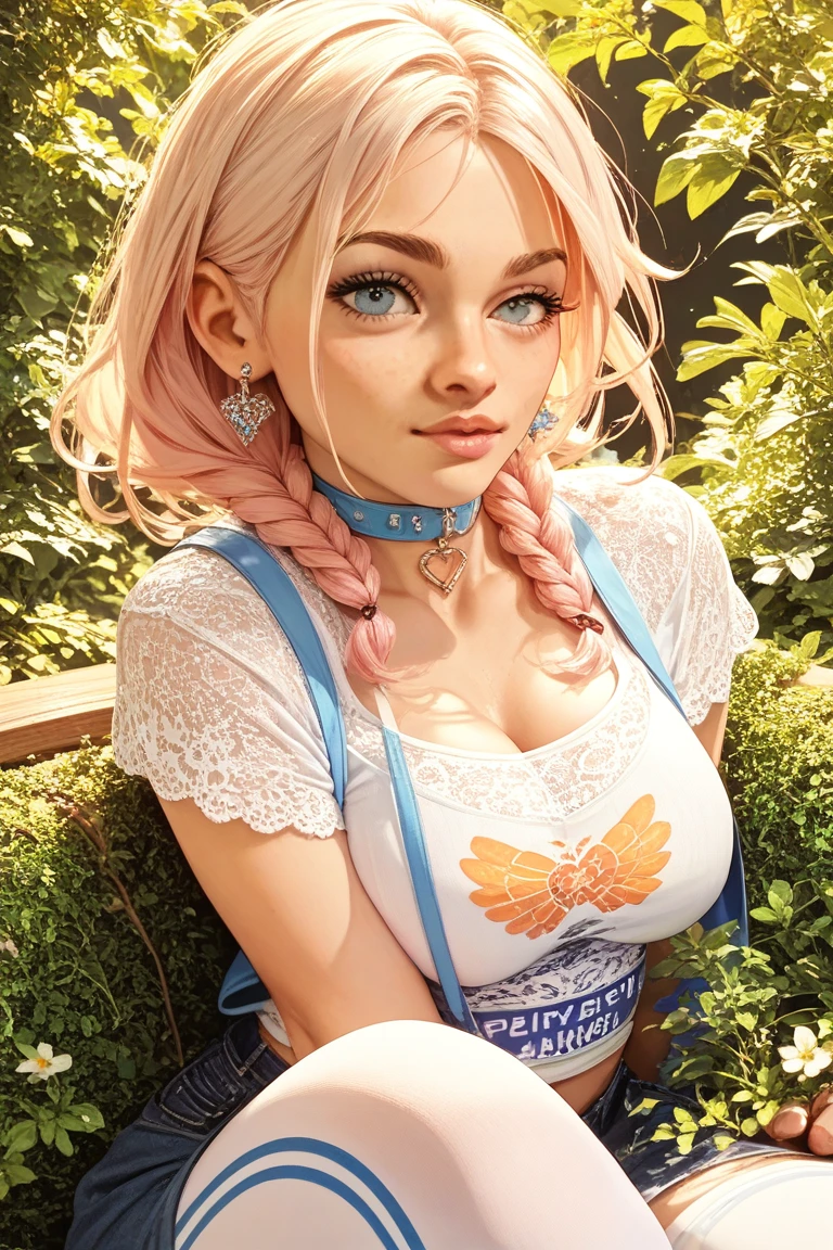 ((( 4k image)))1 woman, full body, in public square, hot nurse, silver hair, wearing white apron with pink details, open apron, squatting with legs open without panties showing her pussy (ultra realistic), without a bra showing her breasts, showing her pussy, little pubic hair, pink pubic hair, slightly pink white skin, beautiful lips, perfect mouth, pink eyes, wearing red sandals, perfect little feet, pink painted nails, holding a clipboard in one hand (long pink nails), holding a syringe in the other hand, orgasm face, clear liquid running down her pussy.
