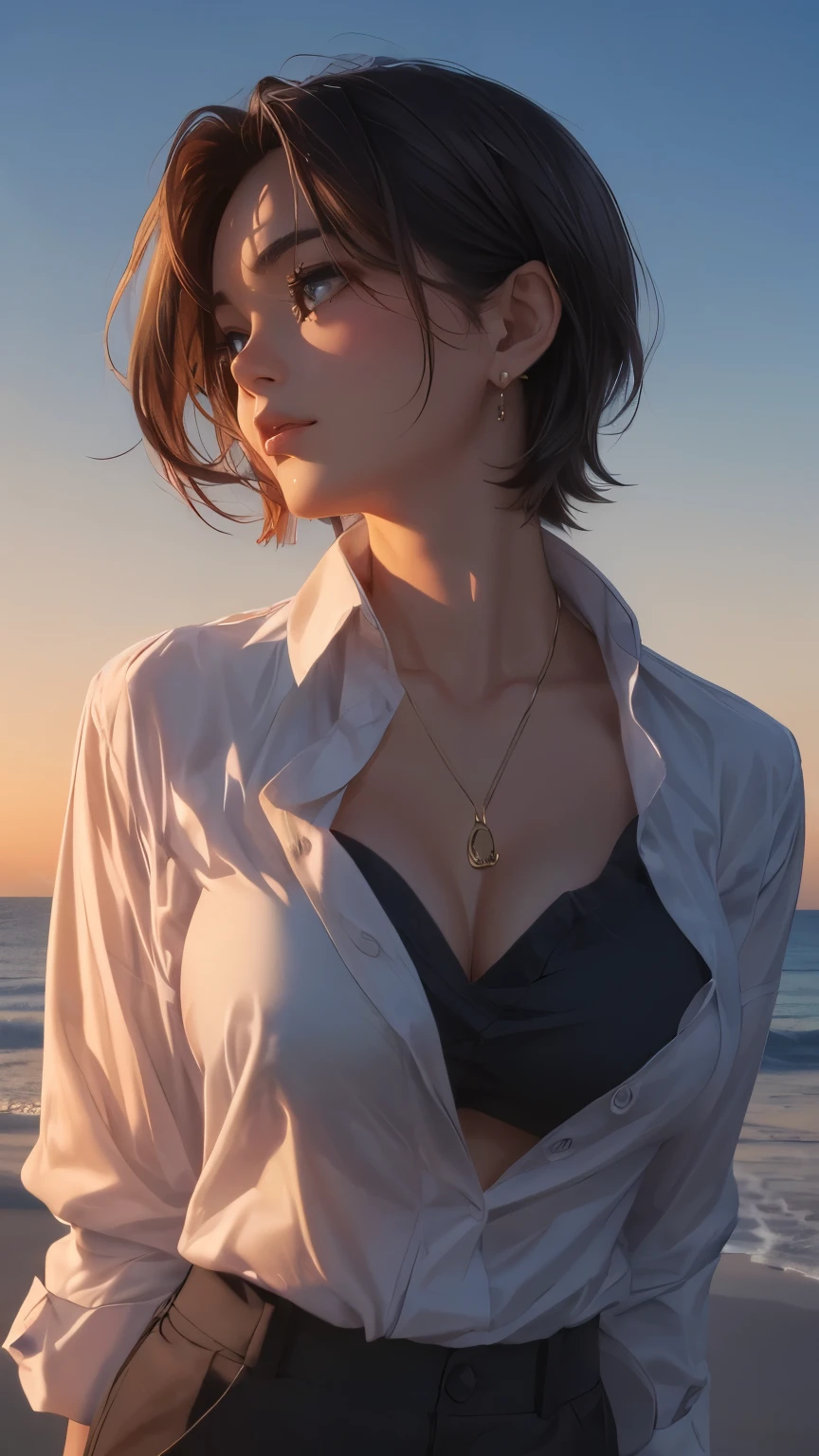 (best quality, masterpiece:1.2), A beautiful Korean woman with a glamorous figure, (huge breasts), neat short hair, seen from the side, wearing dress pants and a white button-up shirt, stands by the sea under the evening sunset