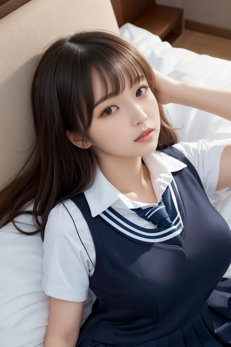 (realistic、High resolution:1.3)、Girl with a perfect figure、super thin face and eyes、Wet and transparent nipples 1:2、big cleavage、Wet Japan High School Uniform:1.3、white liquid、bed