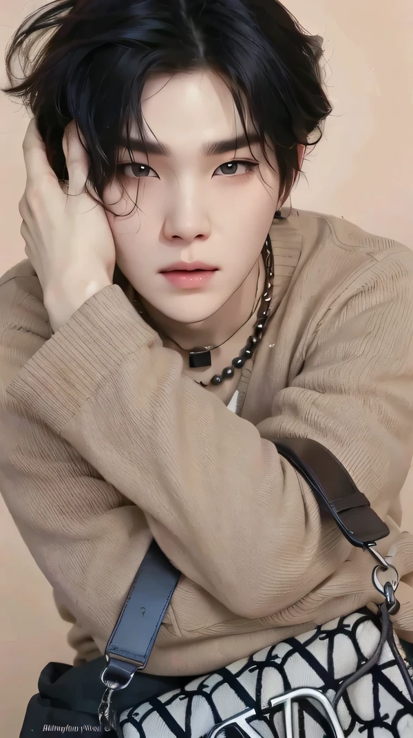 Image of black haired yoongi, young pale angel, innocent look, Suga BTS, chico bts, pale korean adorable face, taken in the early 2020s, has a cute look, key still, ten reads, kpop idol suga, Min Yoongi, Yoongi's way bts. Realistic hyper realistic real image , Yoongi's way, yoongi face