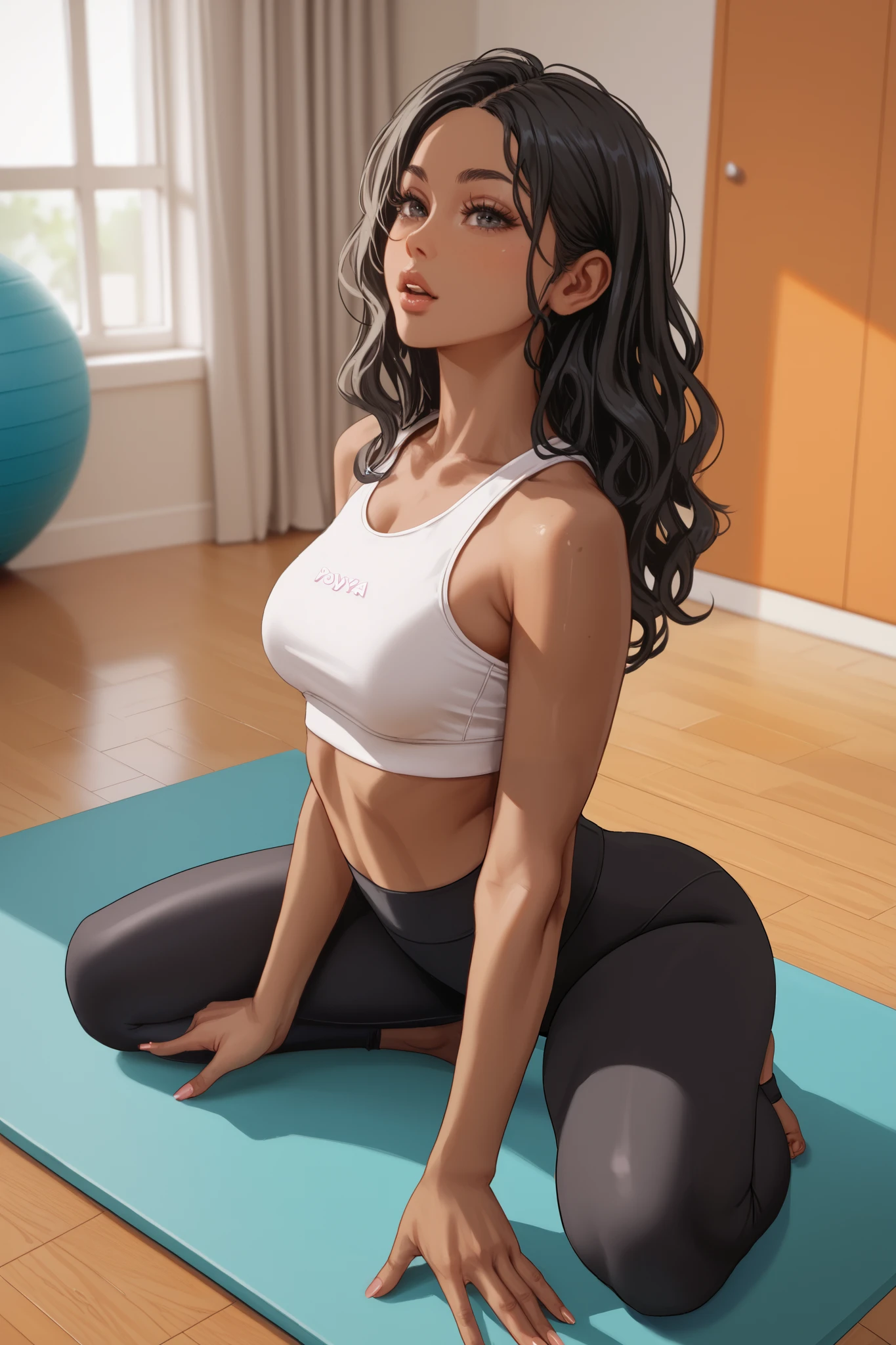 1 girl, long wavy black hair, dark skin, voluptuous, medium breasts, sports top, leggings, living room, kneeling, puppy yoga pose, yoga mat, face focus