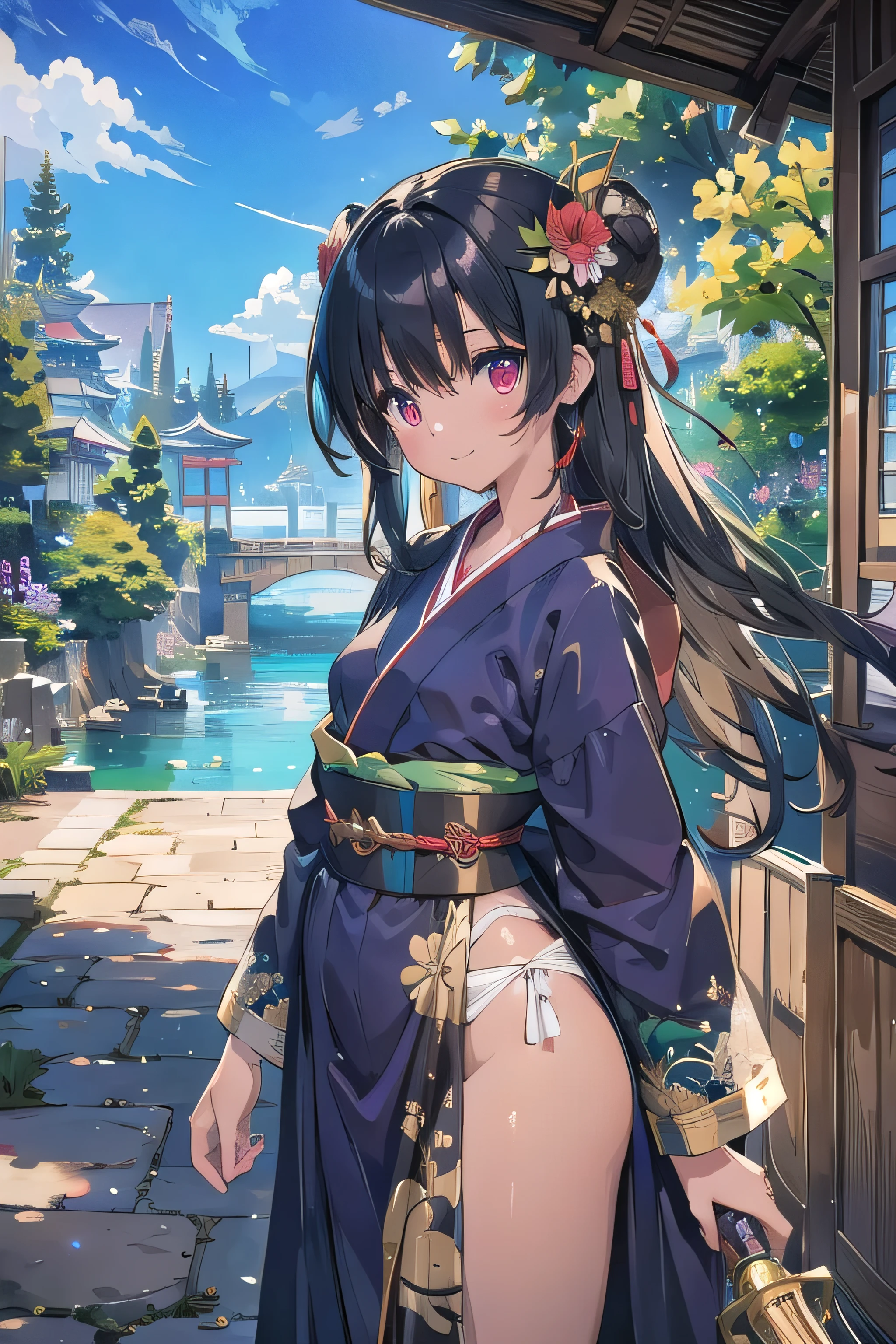 (masterpiece),  Scenery, 　Old Japan　upper body, 1 girl, Adventurer　 clear 　Shiny black hair　wheat-colored skin　brown skin　black robe　 kimono　stupid hair　Noble Long Hair 　 scrapes up the hair　red eyes　in a purple dress staring at the viewer　smile　belt sword fantastic coast beautiful blue sky