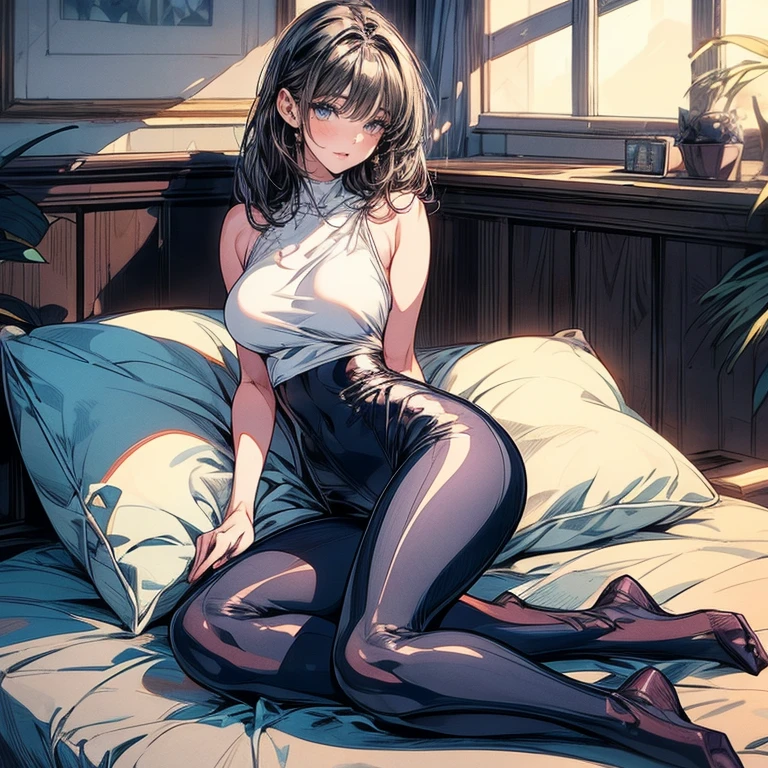 Top quality, masterpiece, High resolution, (Head to toe full body view), Front and slightly below view, Symmetric, 18-year-old, Slim and beautiful girl, alone, (Small breasts), (No shoes),Unkempt brown hair, bangs, (black tights), (Black Pantyhose), (Spread-legged pose on bed), Both arms are tied behind one&#39;s back, (Her legs were spread、I can see your underwear.), blush, Shy big eyes, looking at the camera, Checkered Pleated Skirt