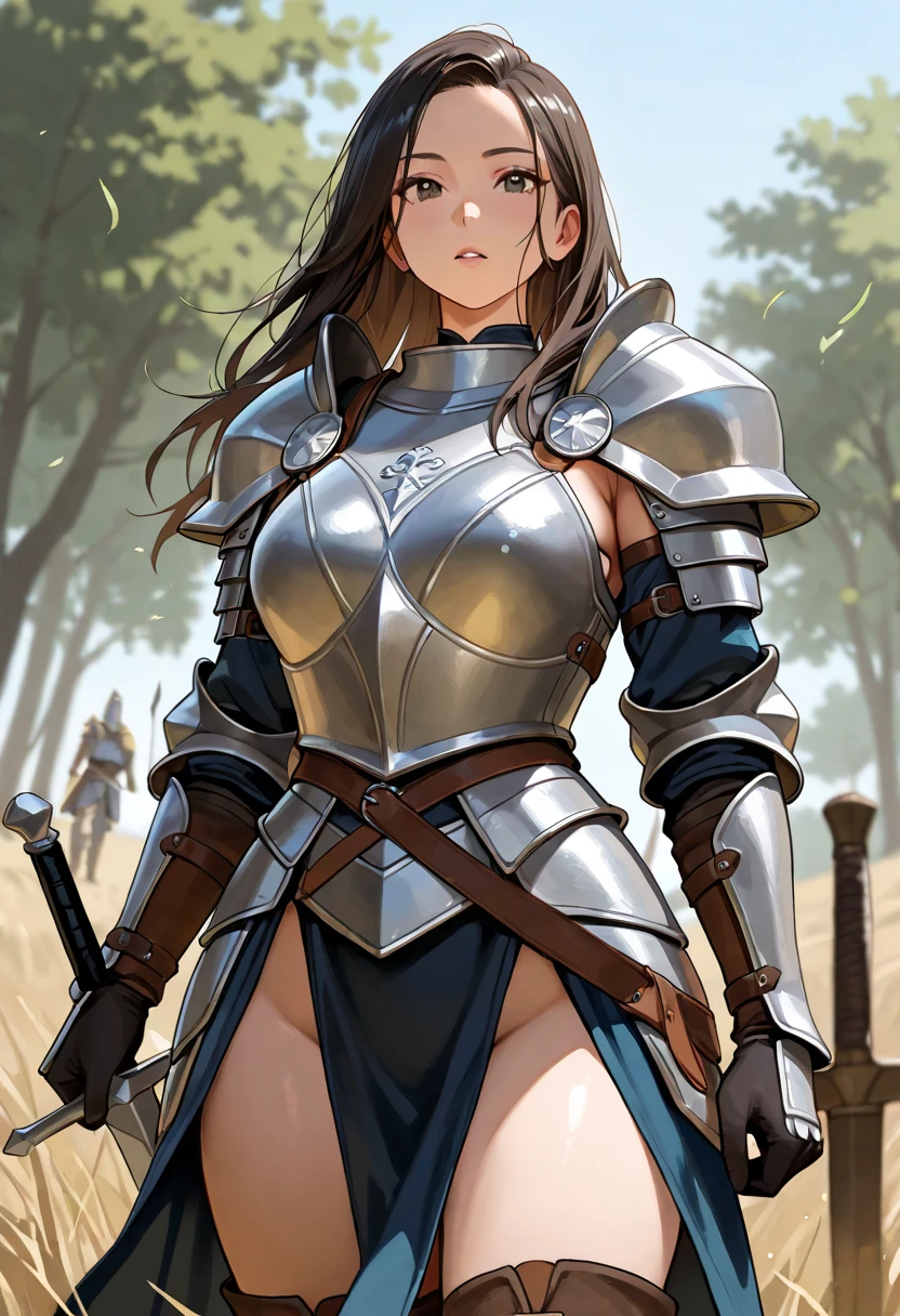 Very beautiful woman、Slender women、(Detailed face)、Realistic Skin、((Holy Knight)), ((Gold and navy platinum armor))、((((Extremely detailed and intricately decorated armor:1.1))))、((Delicate photo))，(Girl Astepeace RAW Photo Details:1.25), (Highest quality:1.6), (Ultra-high resolution:1.5), (Realistic:1.75), 8k resolution, Canon EOS R5, 50mm, Absurd, Very detailed,Cinema Lighting,((Fightfield))、((Fight))、(((White lace ultra-small mini skirt)))、Polka dot panties,High leg panties:1.2,Thigh-high socks、Shingard、((Light brown hair)), {Floating Hair} ,Long Hair, Cape、(((Has a huge weapon)))、(In combat)、The wind is blowing、((Symmetrical armor))、(((Lead a large group of knights:1.2)))、banner、(((Battle Scenes)))、((Browsing Caution:1.2))、(((I can see her panties:1.4)))、、((The hem of a skirt fluttering in the wind:1.4)),In a park with a fountain:1.9,skirt lift,Oda Non style,