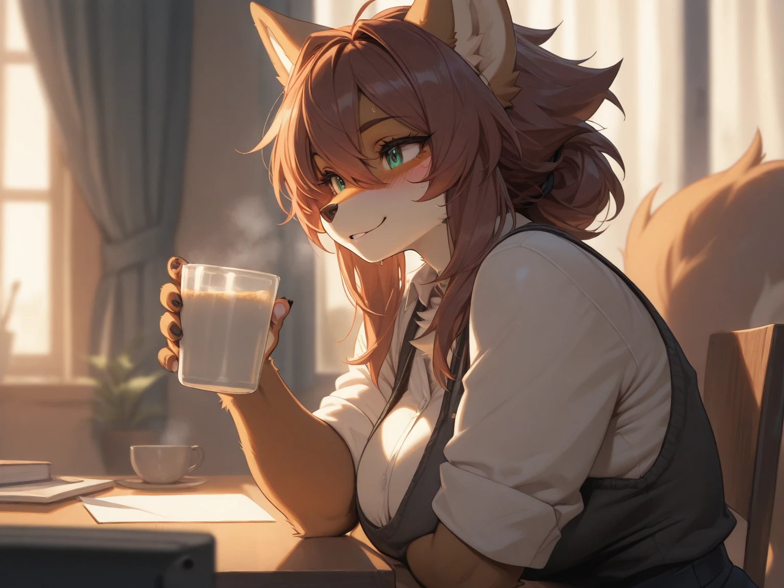 Freckles,Red hair,blue eyes,short hair,fox girl,huge breasts,fox ears,coffee shop,hearts,smile,coffee,window,natural light,dynamic lighting,