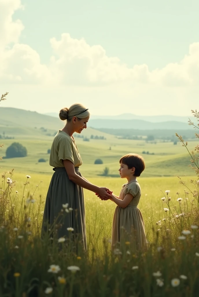 ghibli "les enfants loups" : il y a un garçon peau marron foncé, cheveux noir bouclés mi-long, nez large, yeux noirs et une fille peau beige, elle a les cheveux crépus texturé et noir foncé, elle a les yeux noirs. l'herbe et le ciel prennent 3/4 du dessin, les personnages sont accroupi dans l'herbe en train de rigoler. on les voit de loin