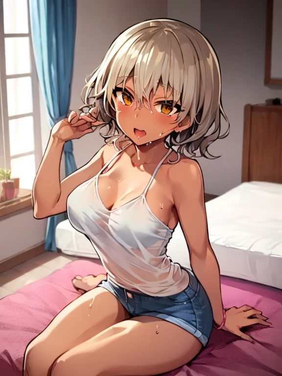 2D, Superb, (Best of), (Full Length), (Shiny Gray Hair:1.6), Short Cut, (Beautiful Brown Girl), (Healthy Dark Skin), (Tanned), Collarbone, (Denim Hot Pants), (Tank Top), JK, Glamorous Bare Legs, Barefoot, Brown Eyes, Attractive Thighs, Big Tits, Bedroom, On Bed (tank top), light from window, erotic expression, sweaty, wet hair, drop from hair, can in right hand, out of breath, bold pose