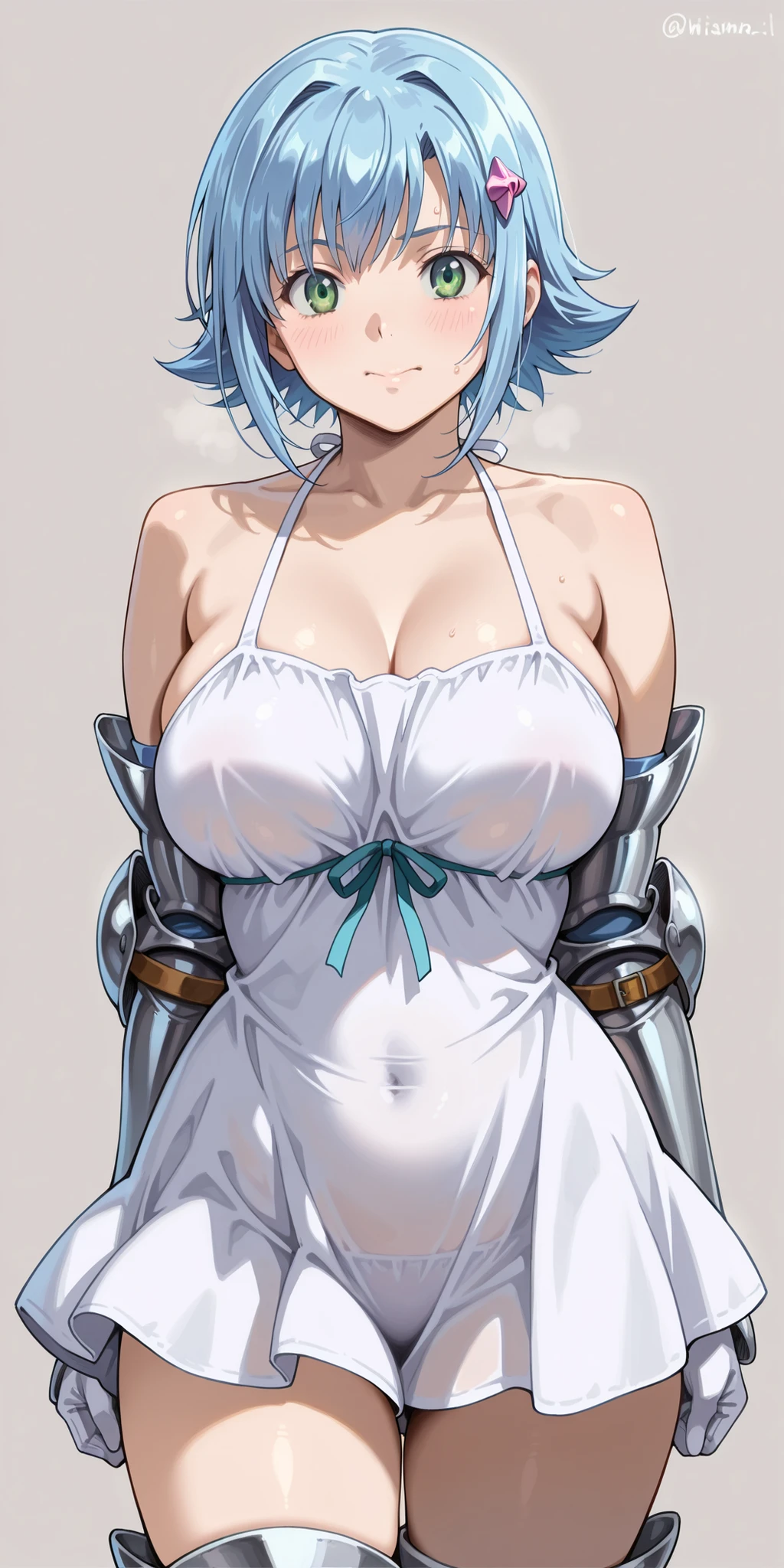 masterpiece,best quality:1.2,amazing quality,realistic), queens-blade、nanael, short hair, large breasts, green eyes, blue hair,