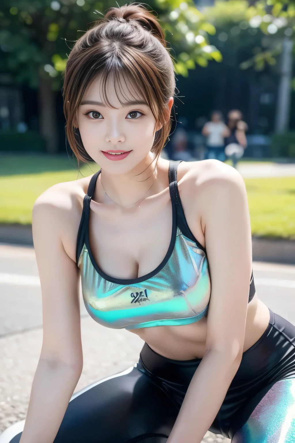 girl running in the park ,( expressed in shiny iridescent metallic luster 、 bright sports bra and leggings .:1.3).short hair with shiny light brown and orange stripes, Disheveled Ponytail ,Flickering Breasts 、beautiful woman, perfect round face,Bright Smile to Make Viewers Happy, Correct Body Ratio ,masterpiece,Ultra-high quality output images,high resolution,intricate details, Very Delicate and Beautiful Hair ,realistic like the picture,dreamy,professional lighting,Realistic shadows,single focus, beautiful hands , beautiful fingers for cows,Exquisite finger depiction, detailed clothing features in police cars,Detailed hair features, exquisite facial features ,,(SeaArt 2 Mode:1.3),( IMAGE MODE Ultra HD ,)