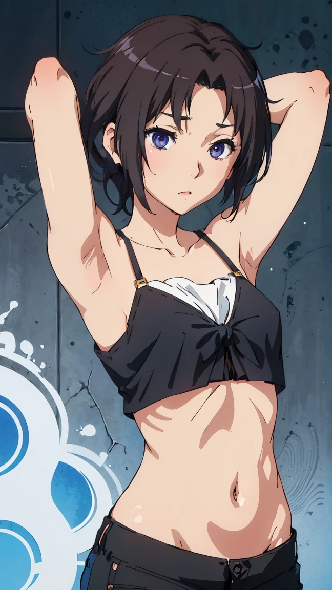 Highres, Masterpiece, Best quality at best,Best Quality,hight quality, hight detailed, Anime style, (), (showing two armpit:1.3), navel piercing, underwear, gay, Slim body, choker, body full of sweat, steam, (very thin body), (very young y small and short body)