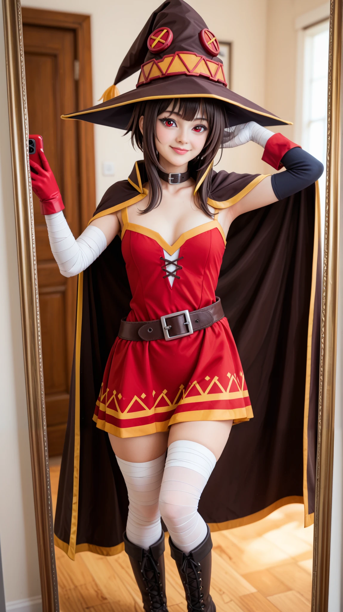 A hyper-realistic portrait of Megumin from Konosuba, taking a stylish mirror selfie with a confident pose. She retains her exact anime facial features, with deep crimson eyes, flushed cheeks, and long dark brown hair with straight bangs, rendered with ultra-detailed textures.
She is wearing her iconic red and black mage outfit with golden trim, a wide-brimmed wizard hat, long gloves, and a black cape lined with orange fabric. Her legs are adorned with mismatched stockings—one black, the other wrapped in white bandages—paired with knee-high brown leather boots with golden accents.
She is holding a modern iPhone with a stylish case, tilting her head slightly while touching her hat with her free hand. The setting is a cozy bedroom with a full-length mirror reflecting her pose, softly illuminated by ambient lighting. The image is captured from a close-up perspective, emphasizing the details of her outfit and confident expression.
The shot is taken with a Sony Alpha 7R IV, 50mm f/1.4 lens, ensuring high-resolution clarity and depth of field. The lighting is soft and natural, enhancing the realistic textures while keeping an anime-like charm. --ar 9:16 --v 6 --style raw --q 2 --stylize 750
