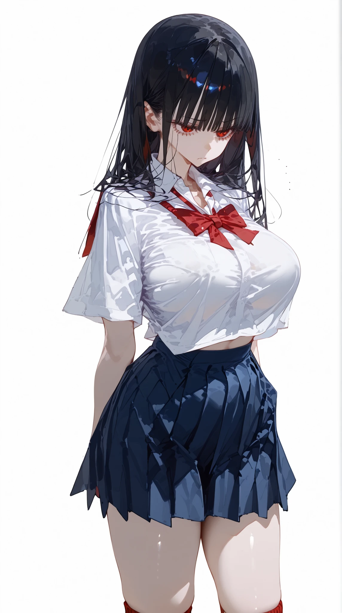 (masterpiece, best quality), 1girl, (dark hair, medium-length, slightly messy), (school uniform, white shirt, navy blue skirt, loosened red ribbon), (knee-high socks), standing, huge long breasts, slightly tired expression, looking to the side, (detailed eyes, red eyes), simple white background
