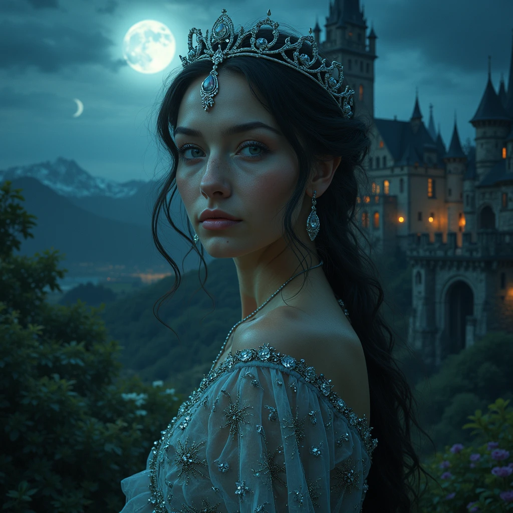 A beautiful woman with bright blue eyes, long black hair, fair skin, and red lips, she sits in a meadow filled with flowers, surrounded by a river. She wears a white medieval gown and a crown made of flowers. A medieval castle can be seen in the distance. Artgerm, nostalgic, emotional.