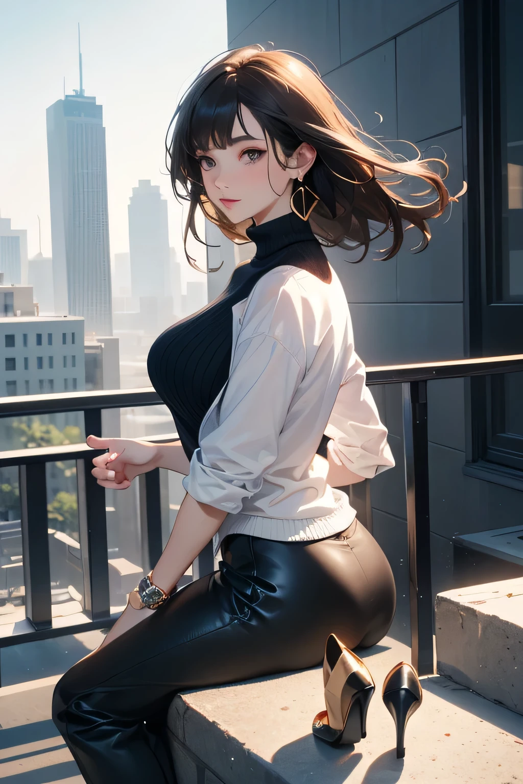top quality、high resolution、(high quality:1.4)、masterpiece、detailed background、(very detailed face:1.2)、(detailed eyes:1.2)、 beautiful woman in her 20s 、(huge breasts:1.3)、(Normal number of fingers:1.3)、anatomically correct、perfect body line、At dusk 、Urban skyscrapers、Adult-like Cool、Cool and Sophisticated、
(Urban skyscrapersを背景に映る2人のモデルの女性:1.5)、
The golden light reflects off the glazed building and softly illuminates her silhouette、The wind that blows through the building gently shakes her hair and the hem of her coat、Quiet Sidewalk Slightly Away from the Hustle and bustle of the city、She changes her expression by smiling naturally and staring into the distance、Refined style and modern The backgrounds blend together to create an urban and sophisticated atmosphere、
Simple Black or Ivory Turtleneck knit、Ribbed Material That Shows Your Body Line Nicely、Greige, black, and navy high waisted wide pants、long skirt with a slit、Pointed Toe Heel Pumps、stylish short boots with shiny materials、Gold or Silver Hoop Earrings、Stylish Wristwatch、Refine Your Hand by Stacking Minimalistic Rings、very beautiful