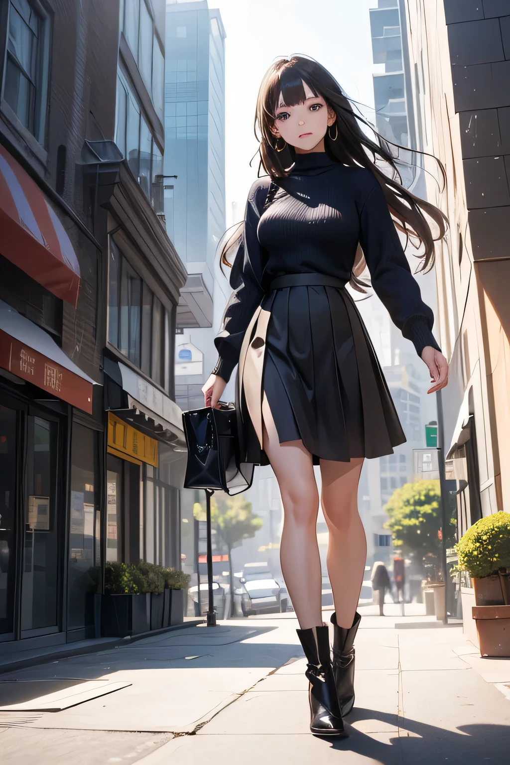 Araffe in a black dress and boots walking down a city street - SeaArt AI