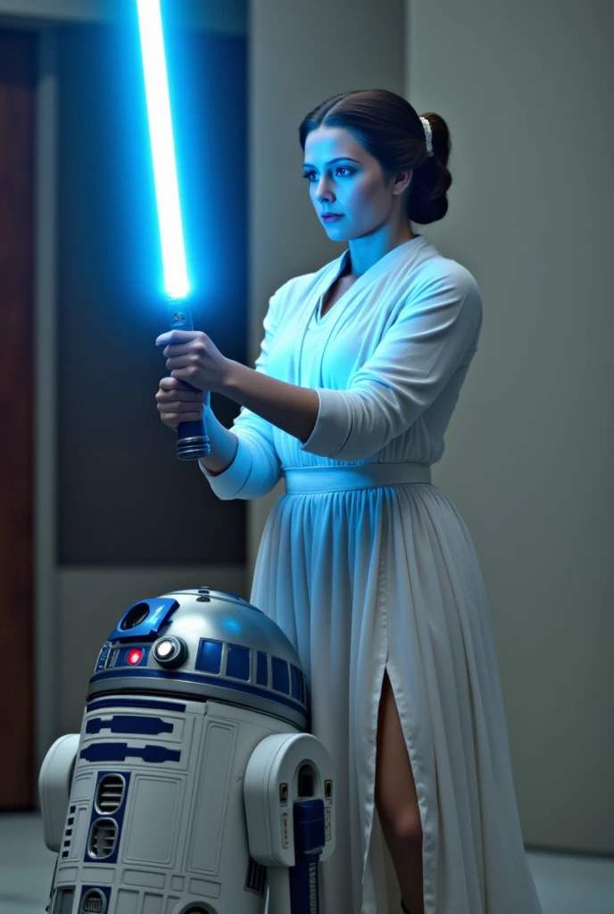 Ultra realism detailed. Afar, distant, Full body in image. Star wars Princess leia, Tone body. She is holding her glowing neon blue lightsaber waving in the air. Full image of R2D2 next to her.