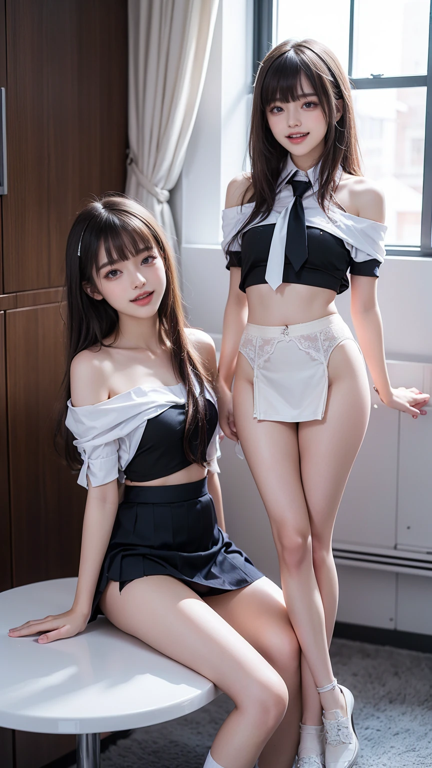 (((2girls:1.8))), (((Dressing:1.8))), ((Dress up reliably:1.8)), (((pantie shot:1.8))), (((Show all the girls' panties to the camera.:1.8))), ((Lifted skirt:1.8)), (((short sleeves school uniform:1.8, Dark blue mini skirt:1.5, white panties with a small area,,:1.5))), espadrilles, (Modern old cityscape:1.8), (Smiling smile:1.8), (((2girls:1.8))), (((Show all the girls' panties to the camera.:1.8))), ((Lifted skirt:1.8)), 18year old, 7headed body, Ideal ratio body proportions, erectile nipple, short-hair, A dark-haired, With bangs, small tits, A slender, Small buttocks, beauty legs, Skinny Legs, surrealism, Cinematic lighting, depth of fields, One-person viewpoint, F/1.8, 135 mm, nffsw, masutepiece, ccurate, ((Anatomically correct:1.3)), Textured skin, Super Detail, high details, High quality, awardwinning, Best Quality, hight resolution, 8K