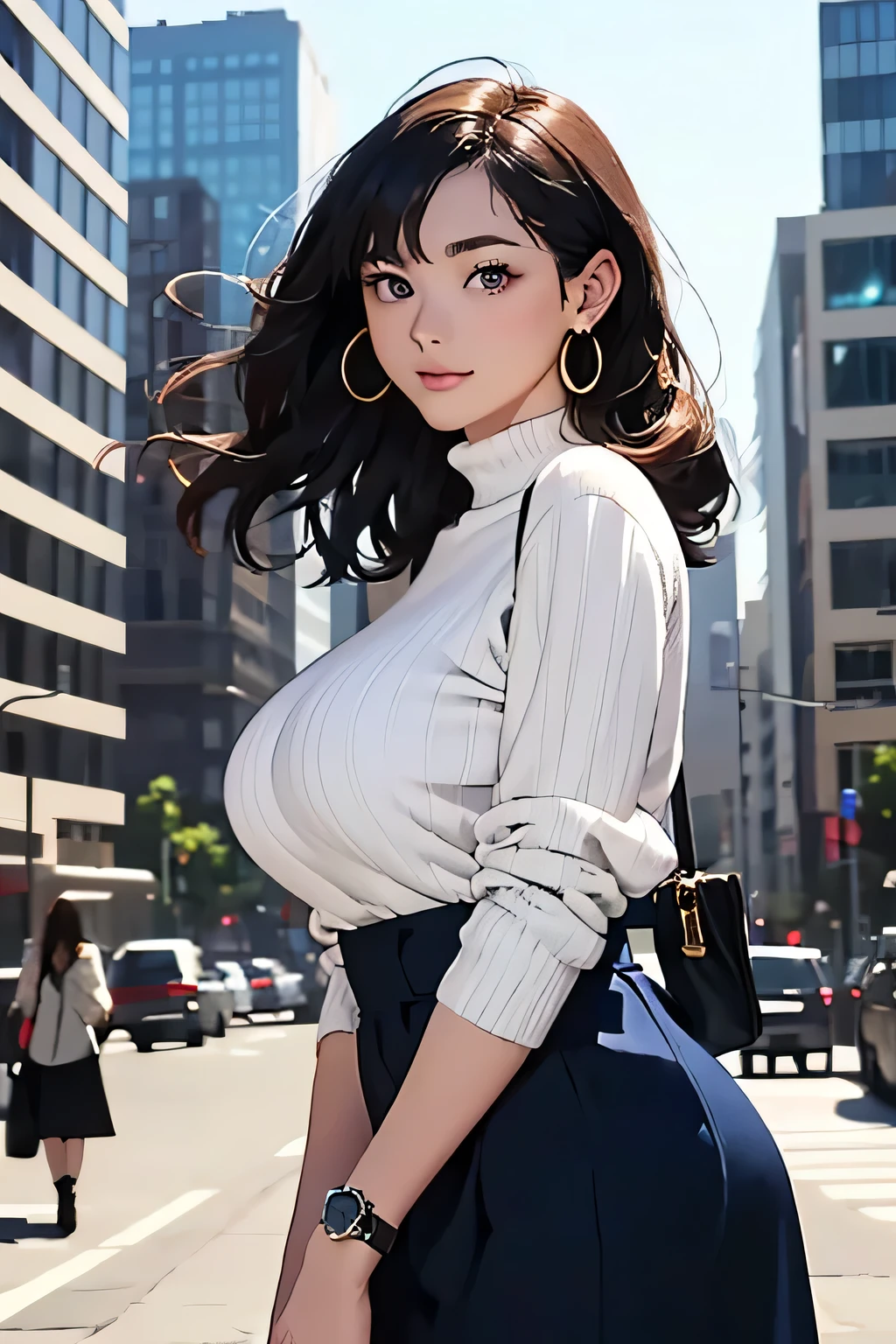 Top Quality, Masterpiece, Ultra High Resolution, 8k, Orange Sweater, Anime Style Little , Single, Ultra Detailed Line Art, Digital Enhancement, Anime Core, Flowing Fabric, ((Hair length to shoulder and short braid)), staring at me from the front, Soft drawing, Beautiful black hair, Looks really weak, Clear eyes, Countryside cityscape, Very big breasts、 clean line drawings,