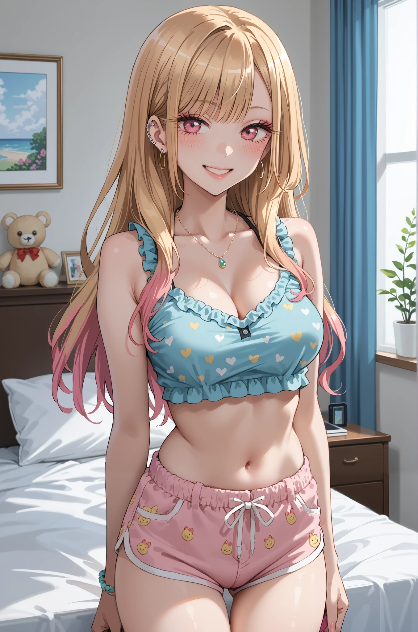 KJOmarin, blonde hair, long hair, pink eyes, earrings, ear piercing, multicolored hair, score_9, score_8_up, score_7_up, source_anime, masterpiece, best quality, flash gyaru, smile, cogal, sensual woman, bedroom, blush, Waist, medium breasts, plush thighs, crop top, pajama shorts