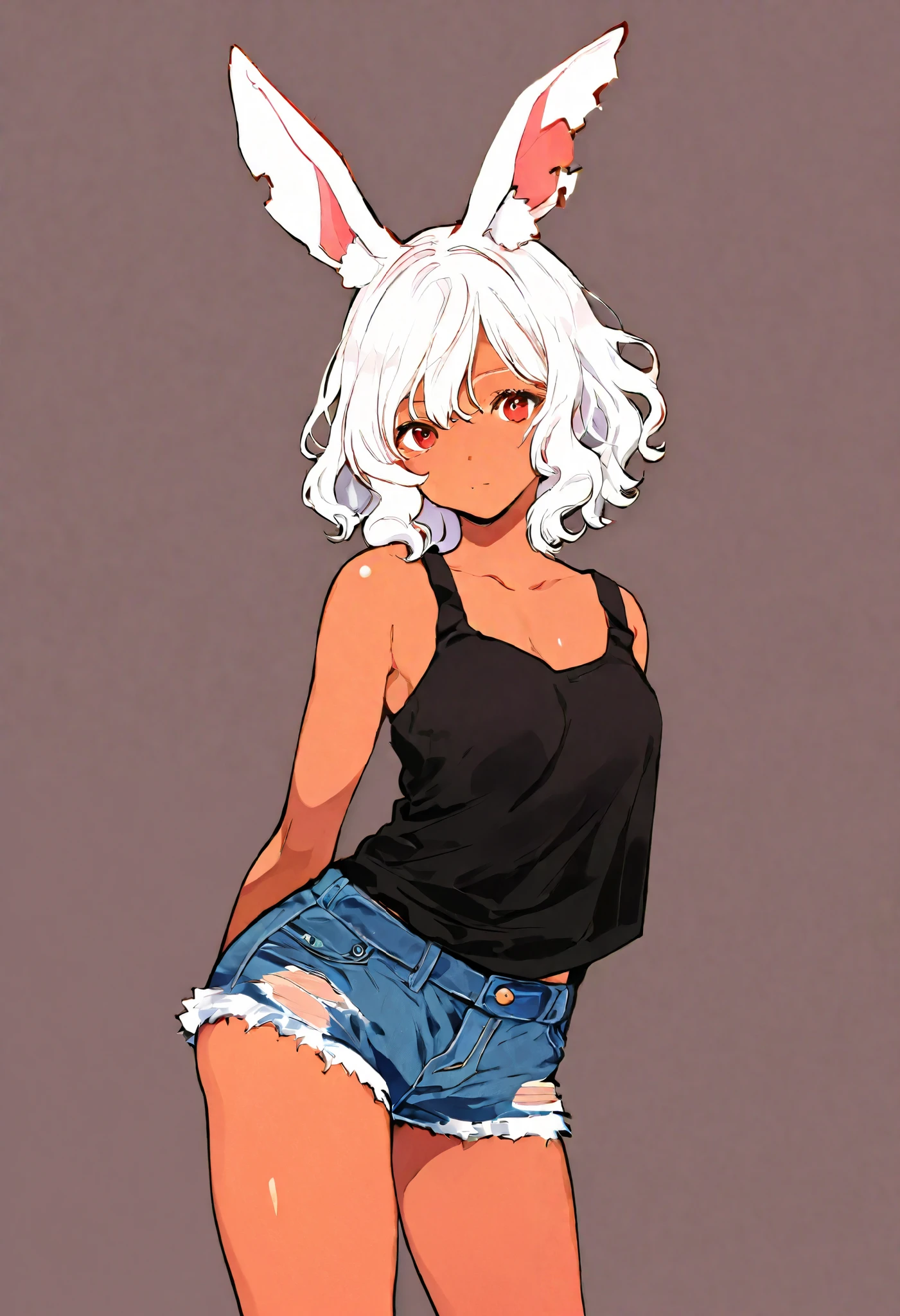 rabbit ears、 fluffy hairs、tank top、denim shorts、broken ear、white hair、tanned skin, wavy hair