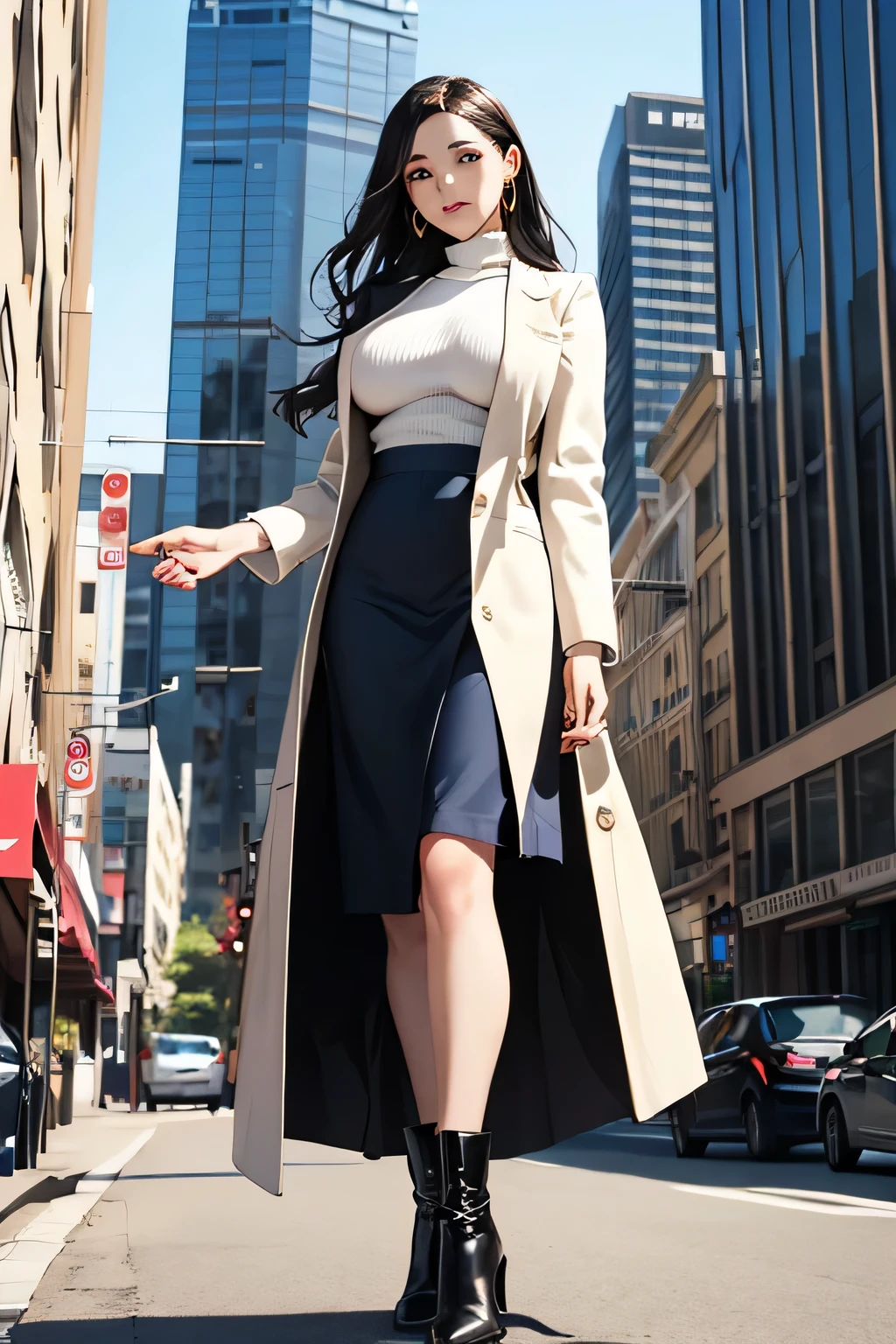 best quality, masterpiece, 16K, absurdres, city, old woman, delightful, smiling, standing, making a heart with fingers, looking at viewer, covering one eye, wave hair, long hair, brown hair, black eyes, big eyes, pale skin, detailed skin, wrinkles skin, glamorous, beautiful breasts, overweight, mini skirt, trunk neck tee, coat, piercing, necklace, long boots, chubby, beauty mark, 50-year-old, old, middle-aged, elderly, japanese, outside, in the city, on the street, with a moon, at night, beautiful, ultra realistic photo, real person, full body shot, from front, front view, wide shot, wide view, cowboy shot, moonlight