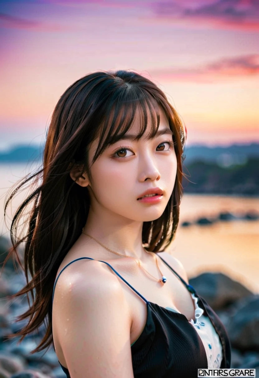 An ultra-high picture quality、Perfect Photo、18yo woman、Sunset、Fluttering hair、facial hairs、