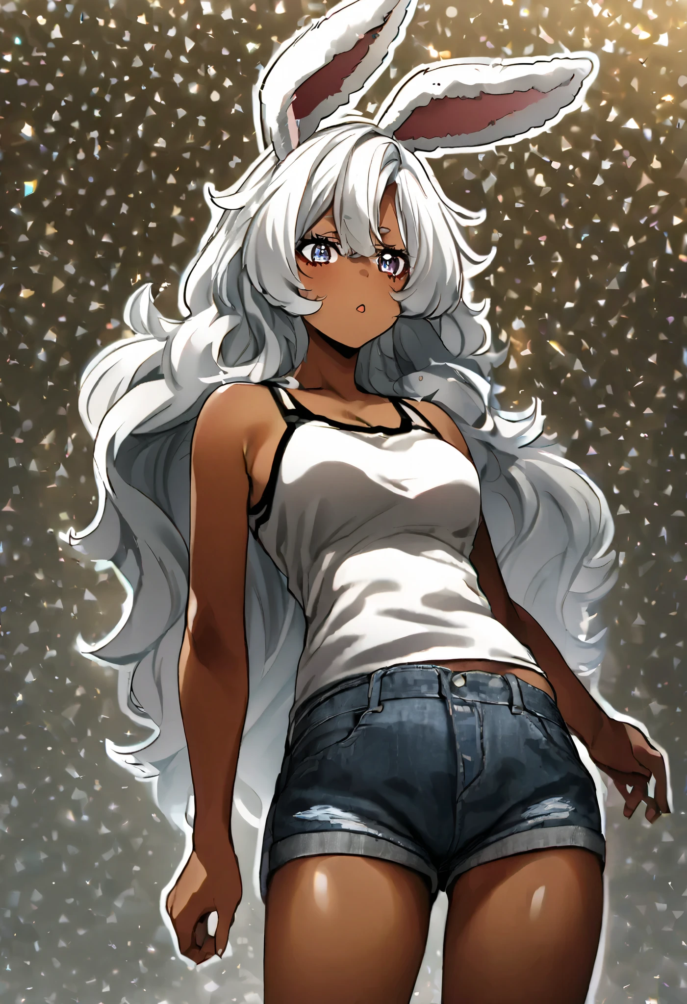 rabbit ears、 fluffy hairs、tank top、denim shorts、broken ear、white hair、tanned skin, wavy hair