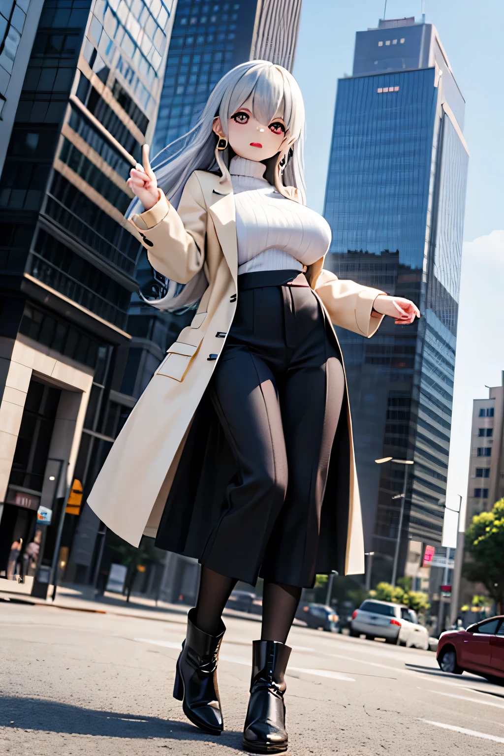 top quality、high resolution、(high quality:1.4)、masterpiece、detailed background、(very detailed face:1.4)、(detailed eyes:1.4)、 beautiful woman in her 20s 、(huge breasts:1.3)、(Normal number of fingers:1.3)、anatomically correct、perfect body line、At dusk 、Urban skyscrapers、Adult-like Cool、Cool and Sophisticated、
(Urban skyscrapersを背景に映る2人のモデルの女性:1.5)、
The golden light reflects off the glazed building and softly illuminates her silhouette、The wind that blows through the building gently shakes her hair and the hem of her coat、Quiet Sidewalk Slightly Away from the Hustle and bustle of the city、She changes her expression by smiling naturally and staring into the distance、Refined style and modern The backgrounds blend together to create an urban and sophisticated atmosphere、
Simple Black or Ivory Turtleneck knit、Ribbed Material That Shows Your Body Line Nicely、Greige, black, and navy high waisted wide pants、long skirt with a slit、Pointed Toe Heel Pumps、stylish short boots with shiny materials、Gold or Silver Hoop Earrings、Stylish Wristwatch、Refine Your Hand by Stacking Minimalistic Rings、very beautiful