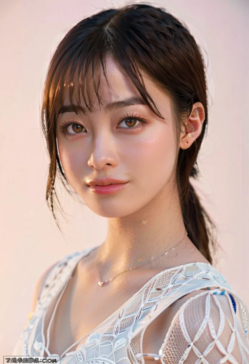 (Highly realistic photos, High resolution, Detailed face, Fine Eyes), ((Photographed in front of a white wall))、Japanese women, 20-year-old, A variety of expressions, alone:1, Slim figure, ponytail, naked, one in the photo、Photographed in natural light、Simple Necklace、Summer clothes、profile、Dark brown hair color,Dark skin,Nao Oikawa,whole body,Large breasts
