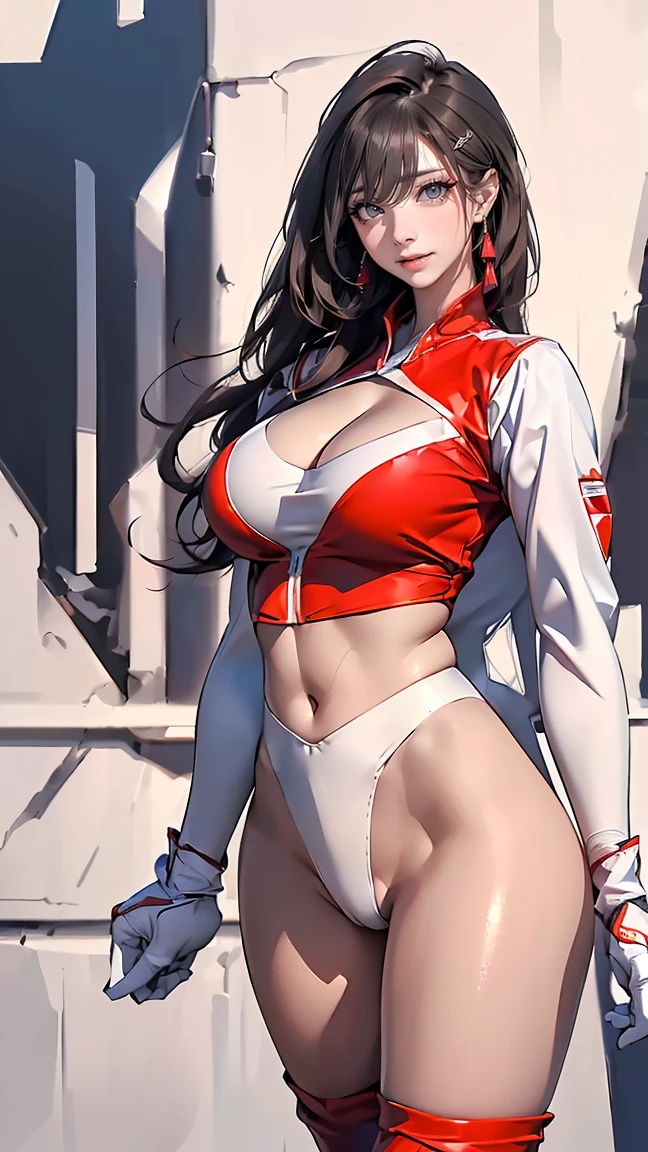 ((Best quality, 8K, masterpiece:1.4)), Anime style, full body, beautiful Soviet girl, long straight dark brown hair in a neat braid, large expressive deep blue eyes, tall and athletic with curvy figure, ((very large breasts:1.5)), wide hips, narrow waist, prominent round buttocks, ((sporty and revealing patriotic outfit:1.3)), tight red crop top with deep V-neckline, creating a revealing décolleté, white accents, Soviet emblem, very short denim shorts, red and white stripes, red headband, Soviet military medals, confident and proud expression, standing with strong and confident posture, showing right side to viewer, right hand on hip, holding Soviet flag in left hand raised high, looking straight at viewer, on a white background, highly detailed skin and face texture, detailed eyes, long eyelashes, thin waist.
