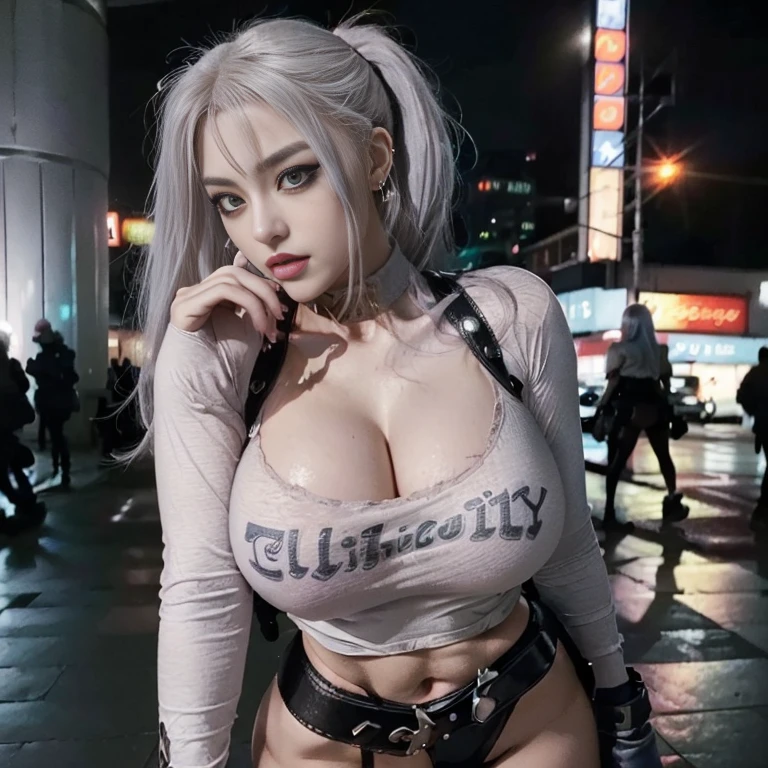 One Girl, Gray Hair, Long Hair, Techwear masterpiece, highest quality, Realistic, Dark purple jacket, Portraiture, fine grain, wearing a headset, Platinum Hair, 21 year old girl, Fashion pose, Half Body, Wide Shot, on the road, cyber punk,(((He has many tattoos all over his body)), (((Tight waist))), ((Big Breasts)),(See-through),panties