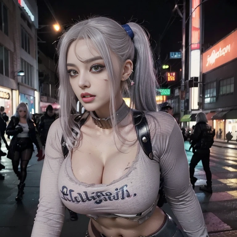top-quality、8K、32K、masterpiece、nffsw:1.3)、(Photorealsitic:1.4),21-year-old punk girl,Punk mohawk hair,accentuated super huge enormously gigantic tits,cleavage showing,tattoo sleeves and piercings,Harajuku-inspired hip-hop punk fashion,A neon white-haired,Street graffiti background,depth of fields