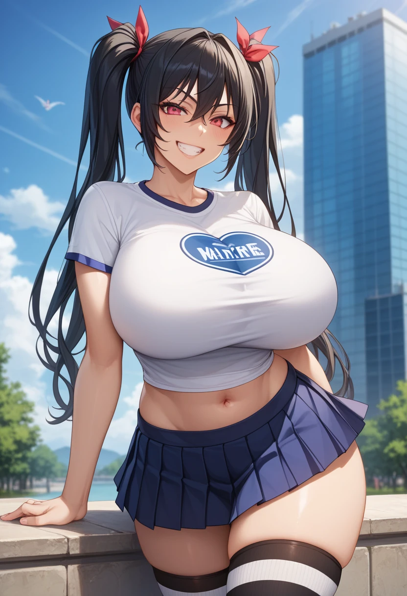 <lora:aris1:1> <lora:ATBv1-1:1><lora:GoodHands-vanilla:1>solo, 1girl, solo focus, masterpiece, intricate details, best quality, arisrnd, atb, (gigantic breasts:1.2), skindentation, bursting breasts, ((crop top, white topwear, dolphin shorts)), (midriff, navel), (collarbone:1.2), ((jacket, blue jacket, open jacket)), (cowboy shot, arms behind back), ((scenery, park, outdoors, sunlight, autumn, maple leaf, maple tree)), sweaty, dripping sweat, very sweaty, closed mouth, embarrassed, blush