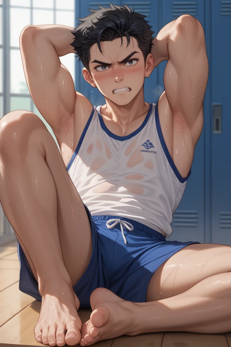 a shirtless 22-year old super muscular sweating male wearing basketball shorts, rubber shoes, sweat-drenched, soaking wet, drenched with sweat, sweating profusely, soaking wet with sweat, panting, exhausted, gasping, in the locker