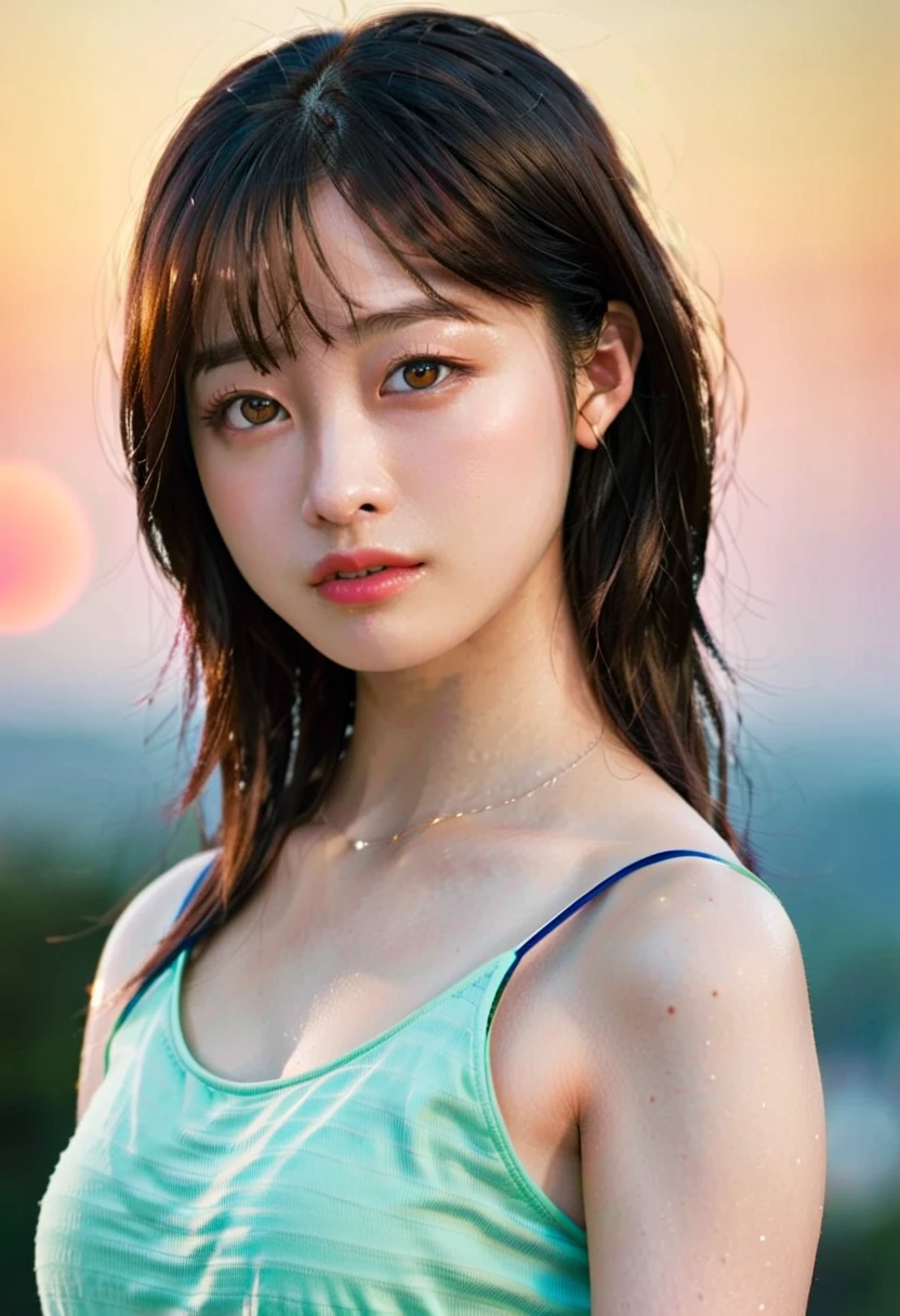 (best quality, 8k, 32k, masterpiece, UHD:1.2), ultra high resolution, extremely detailed, (cute idol face Korean teenage girl), (13 years old:1.3), solo, long shot, beautiful detailed eyes, semi long brown fluffy hair, bangs, (wearing pink tank-top), large breasts, cleavage, (crowded city boulevard on a bright sunny day:1.3), perfect professional lighting, (detailed background:1.5)