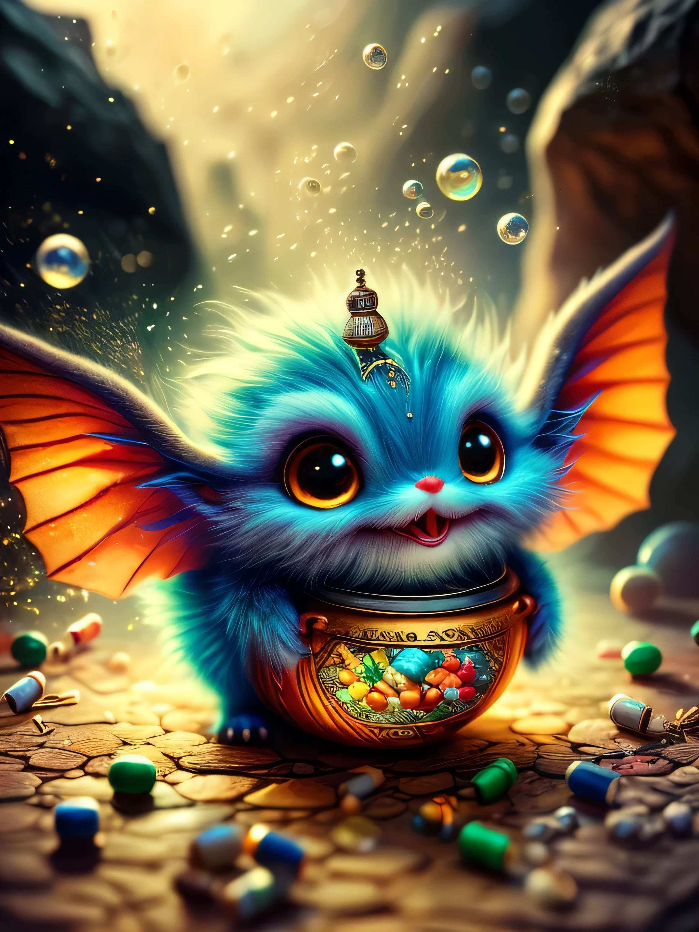 whimsical airbrush and oil painting, best angle of a Very cute multi-colored mythical graceful transparent anthropomorphic Spirit of Pills critter with an alchemical cauldron hold multi-colored pill, with hover in the air with an interest, thin arms, fragile thread legs, Spirit of Pills, Mystical cavern in a professional photograph by Awwchang :: Luis Royo :: WLOP :: Artgerm Lau :: Anne Stokes :: natural deep colors