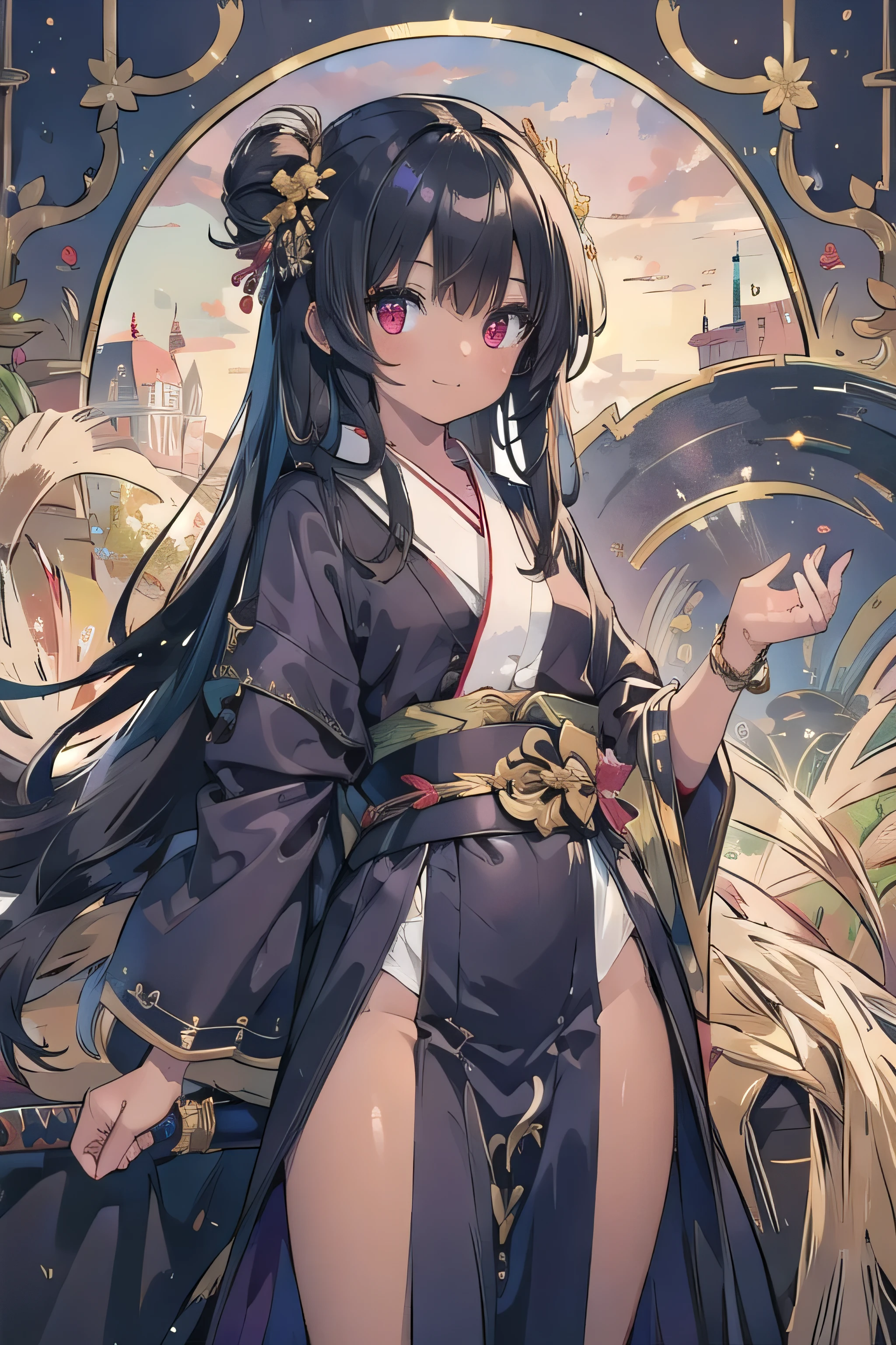 (masterpiece), upper body, 1 girl, Adventurer clear Shiny black hair wheat-colored skin brown skin black robe kimono stupid hair Noble Long Hair scrapes up the hair red eyes in a purple dress staring at the viewer smile Lecturing at the Belt Sword Fantastic Office