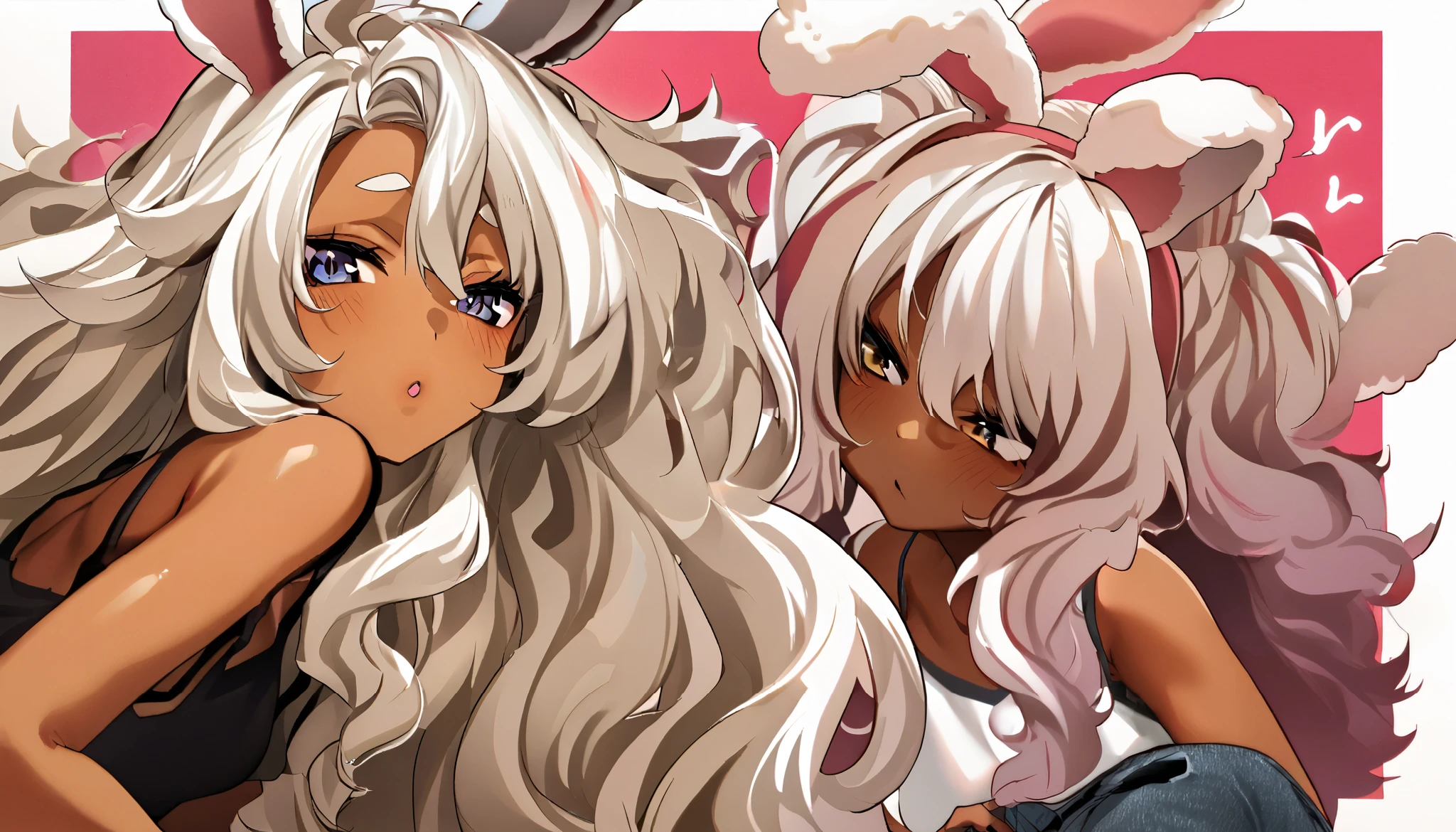 rabbit ears、 fluffy hairs、tank top、DENIM SHORTS、broken ear、white hair、tanned skin, wavy hair