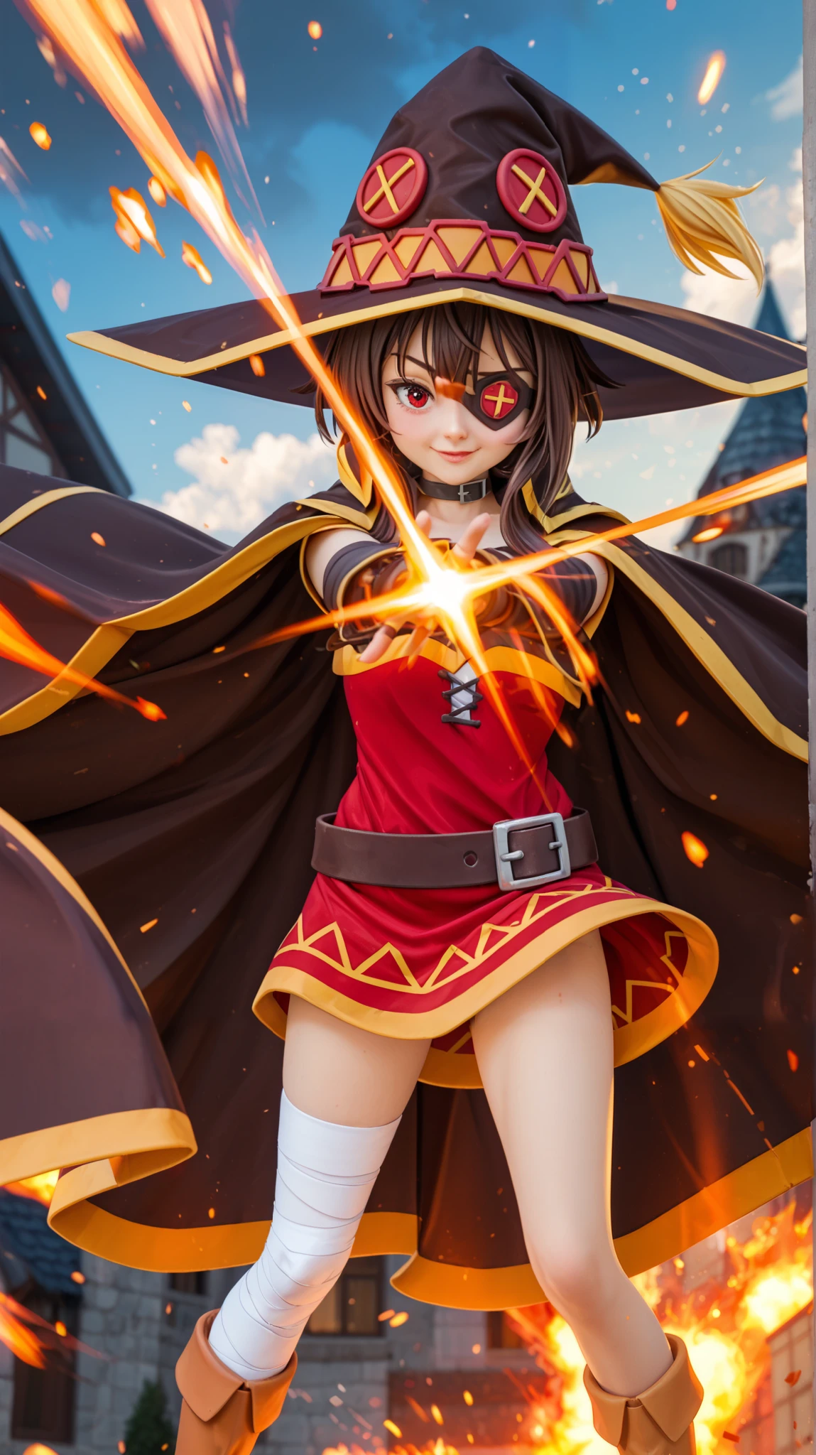 A dynamic anime illustration of Megumin from Konosuba, standing with a powerful and confident pose. She is wearing her signature red and black mage outfit with golden trim, a wide-brimmed wizard hat, and a flowing cape. Her left eye is covered by a red eyepatch with a black strap, while her right eye glows with intense crimson energy. Her expression is determined, with slightly flushed cheeks. Her long brown hair flows naturally, with strands lifted by the wind. She wears mismatched stockings—one black, the other wrapped in white bandages—paired with knee-high leather boots. Her left hand adjusts her hat while her right hand is poised dramatically. The background features a chaotic battlefield with fiery explosions and shattered buildings, drawn with bold anime-style shading and vibrant lighting effects. The scene is filled with energy bursts and debris flying through the air, emphasizing the intensity of the moment. The illustration is rendered in high-quality anime style, similar to the original Konosuba artwork, with sharp linework, cel-shading, and bright color contrasts. The perspective is slightly tilted for a dynamic composition. --ar 3:4 --v 6 --style raw --q 2 --stylize 750