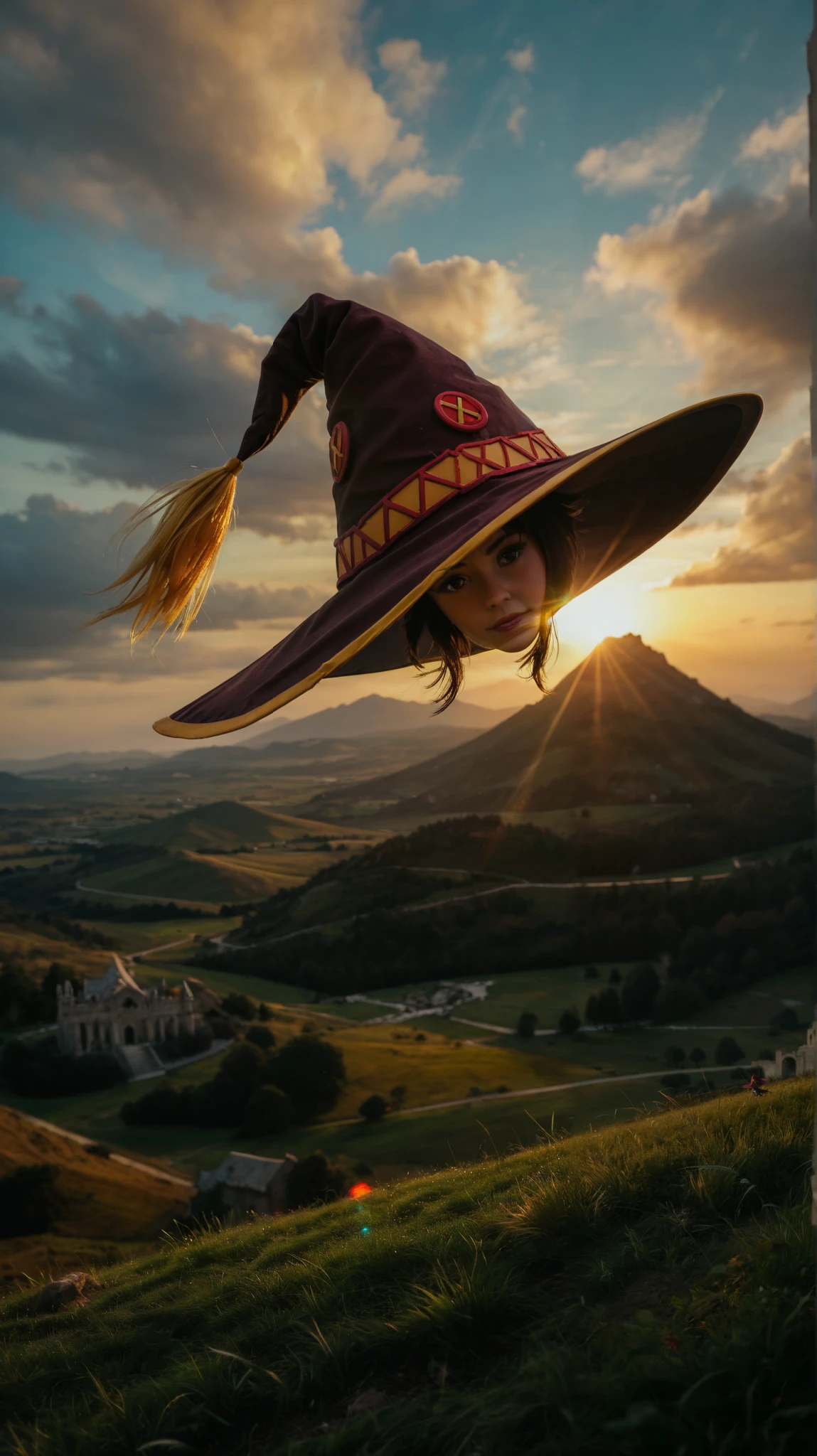 A highly detailed cinematic scene of Megumin's wizard hat soaring through the air, caught in a gust of wind. The large, pointed hat with red and black fabric, golden trims, and cross-stitch patterns flutters dynamically, casting a shadow on the vibrant landscape below.

The background showcases a stunning anime-inspired fantasy landscape, with vast green plains, towering ancient ruins, and a distant volcano emitting a faint glow. The golden sunset casts long dramatic shadows, with warm orange and pink hues blending into a deep blue sky. Wisps of clouds stretch across the horizon, illuminated by the fading sunlight.

The hat is captured in mid-air, tumbling gracefully, its fabric rippling in the wind. The shot is framed like a cinematic anime moment, with a shallow depth of field focusing on the hat while the background remains slightly blurred for depth.

Rendered in ultra-realistic anime style, with soft natural lighting, realistic textures on the hat’s fabric, and stunning atmospheric effects. The composition follows the rule of thirds, emphasizing movement and scale. The wind subtly stirs the surrounding grass, adding life to the scene.

--ar 16:9 --v 6 --style raw --q 2 --stylize 850 --chaos 20