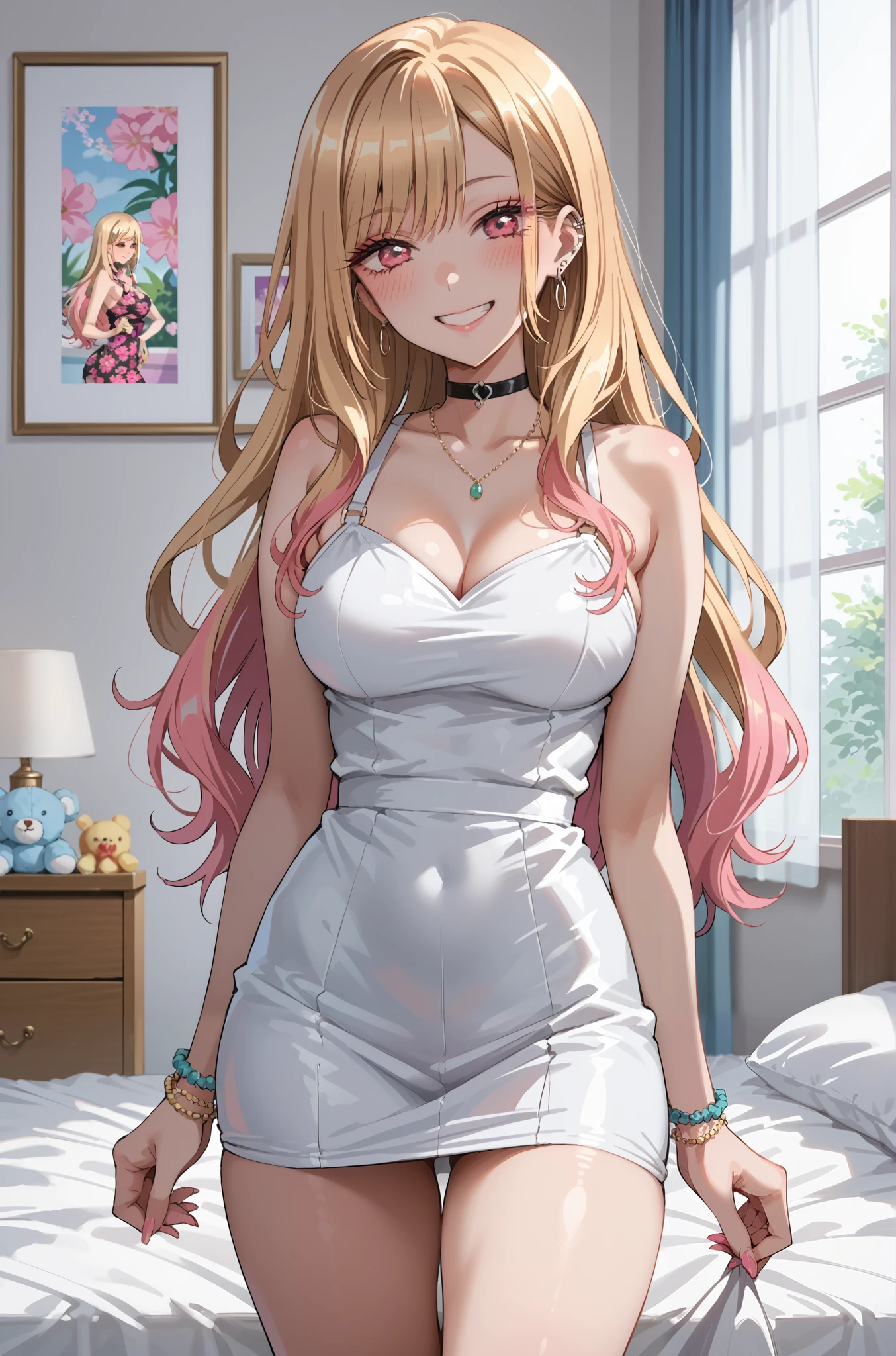 KJOmarin, blonde hair, long hair, pink eyes, earrings, ear piercing, multicolored hair, score_9, score_8_up, score_7_up, source_anime, masterpiece, best quality, flash gyaru, smile, cogal, sensual woman, bedroom, blush, Waist, medium breasts, plush thighs, tight fitted dress