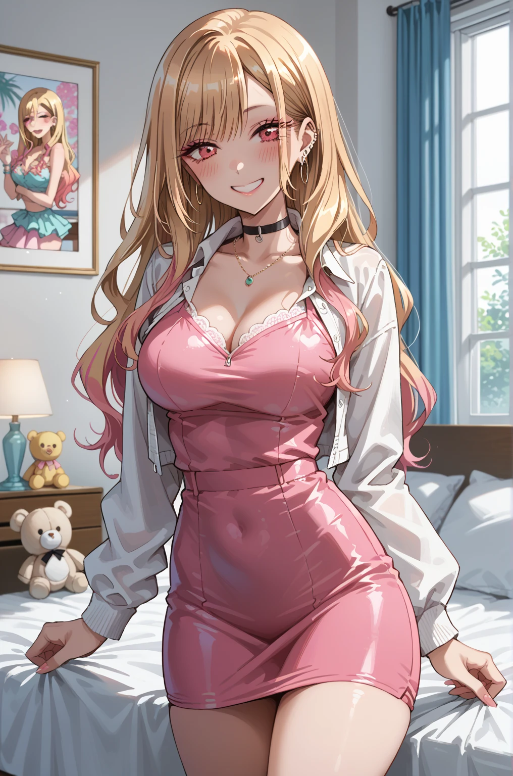 blush, smile,glowing aura, natural light, masterpiece, glossy skin, juicy lips , ,sexy, hot, evil,juicy lips hour glass, , juicy lips, , slender body, small , huge ass,smile, ultra detailed, , blonde sandy hair,green eyes, glasses, pink bow, pink clothes, bimbo, pink mini skirt , ((no background))