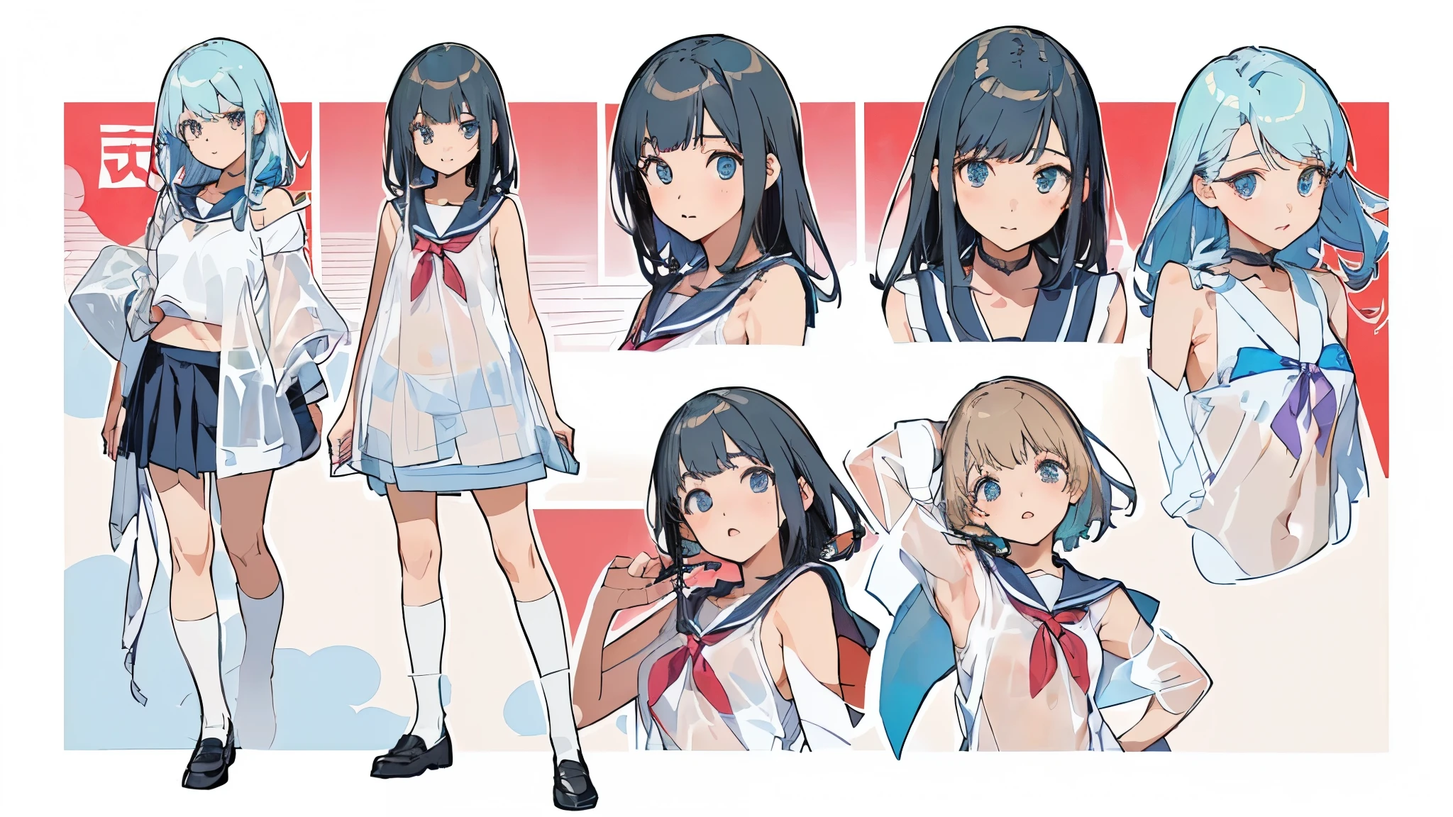 (Person Sticker:1.2), Simple Design, White Background, Black Haired Girl in School Swimsuit, Full Body